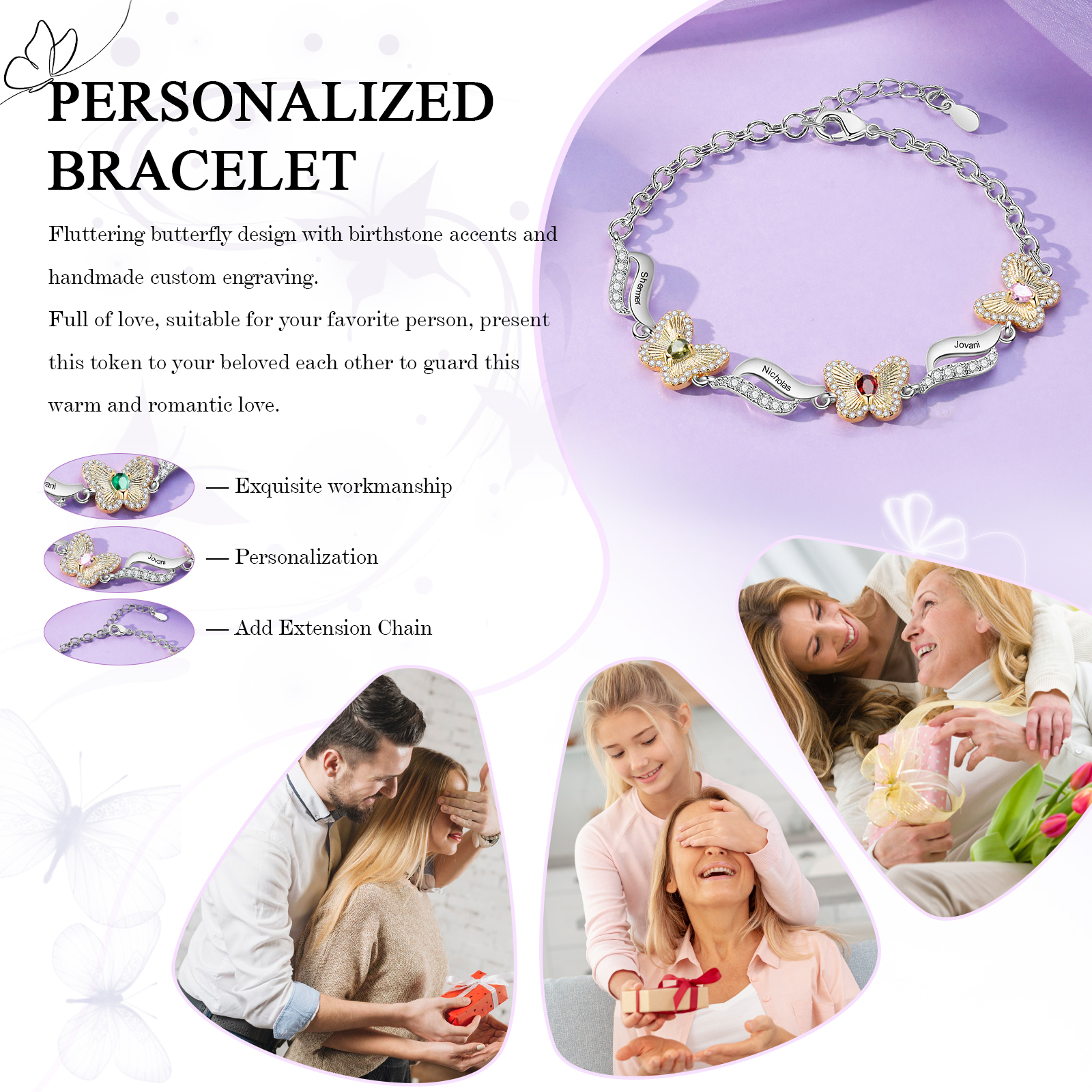 Bracelet Papillon 3 Prénoms Personnalisés avec 3 Pierres de Naissance-Cadeau pour Femme