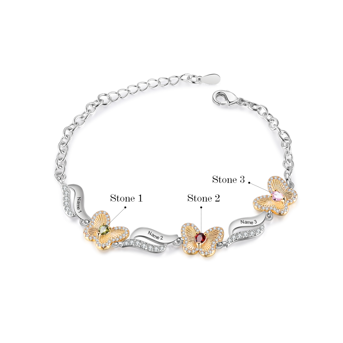 Bracelet Papillon 3 Prénoms Personnalisés avec 3 Pierres de Naissance-Cadeau pour Femme
