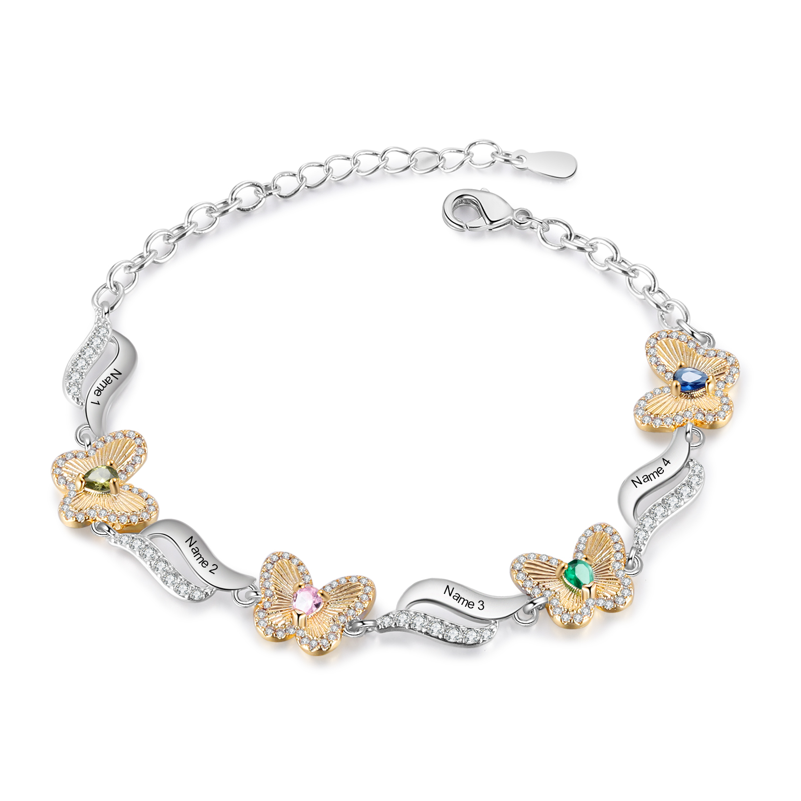 Bracelet Papillon 4 Prénoms Personnalisés avec 4 Pierres de Naissance-Cadeau pour Femme