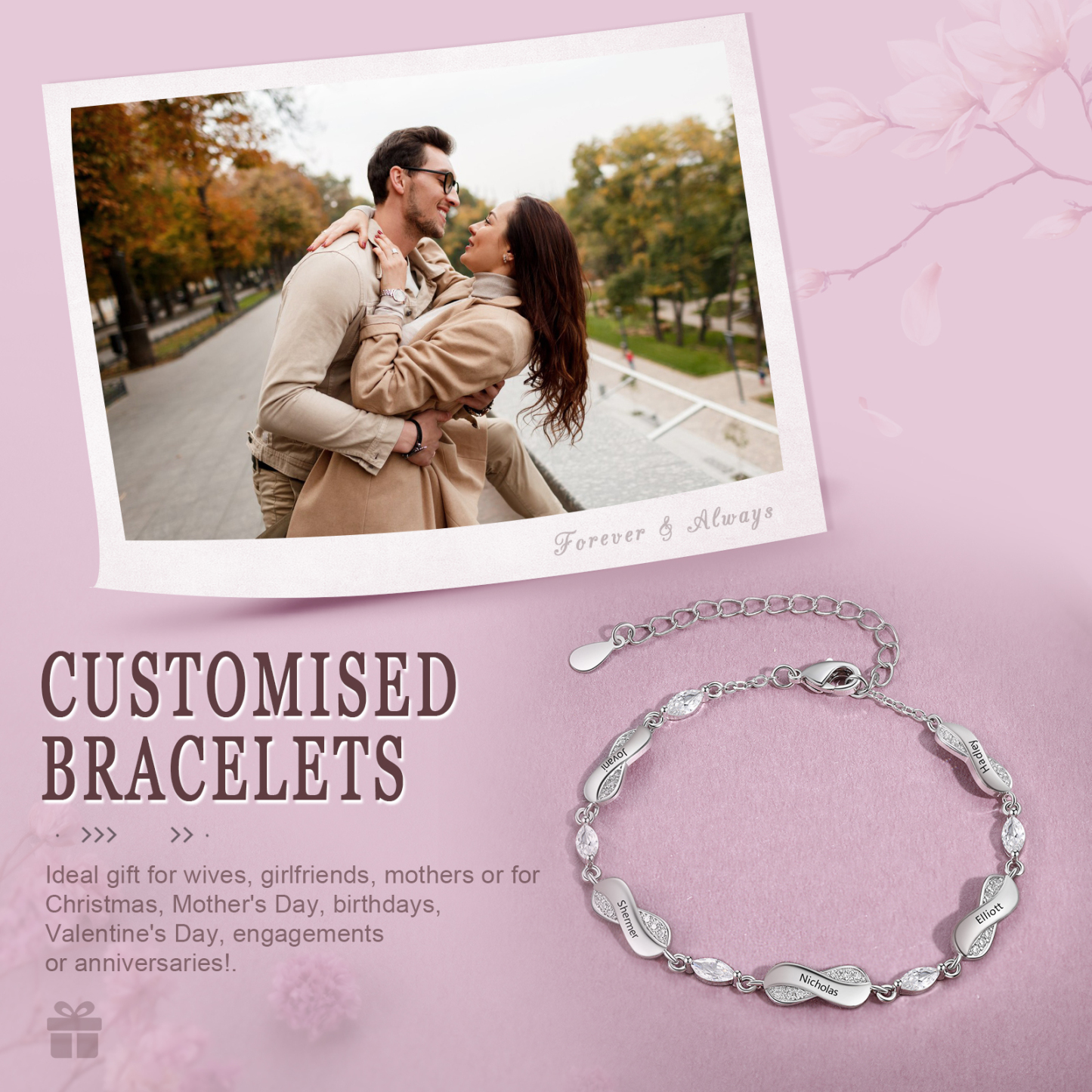 2PCS Coffret Cadeau Collier coeur et Bracelet 5 Prénoms Personnalisés avec 5 Pierres de Naissance Collier Bracelet Personnalisé pour Femme | Jessemade