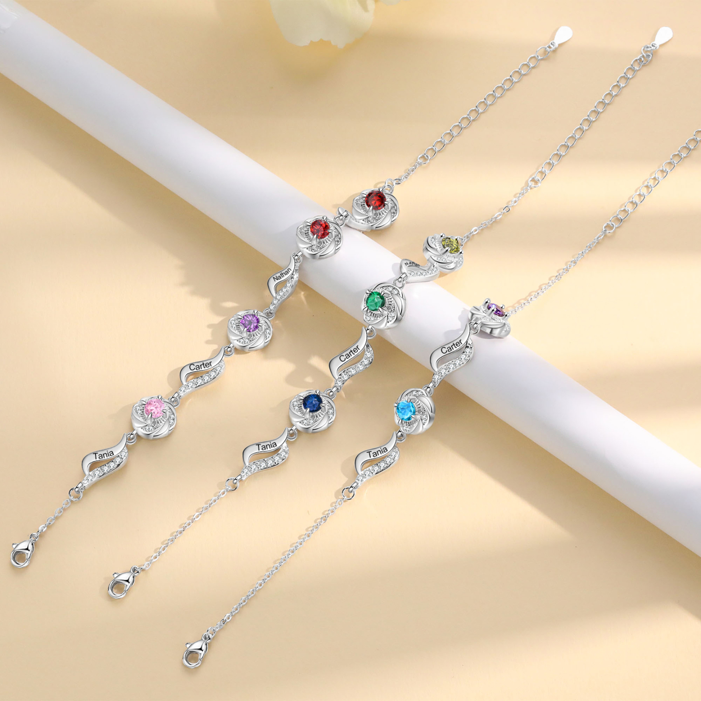 Bracelet femme Roses 4 Prénom Personnalisé avec 4 Pierre de Naissance Bracelet Pierre de Naissance | Jessemade
