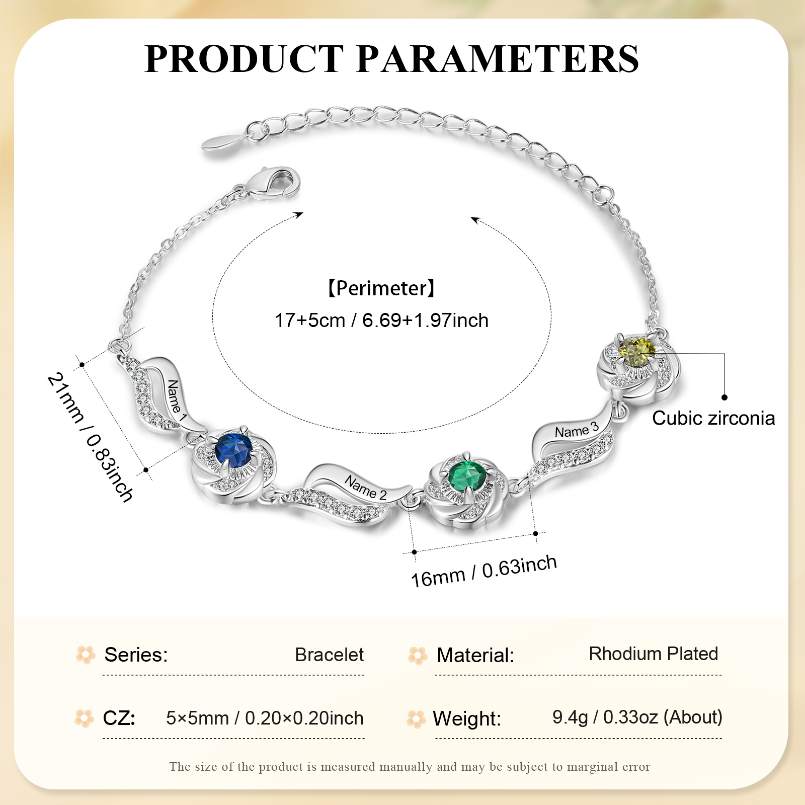 Bracelet femme Roses 3 Prénom Personnalisé avec 3 Pierre de Naissance Bracelet Pierre de Naissance | Jessemade