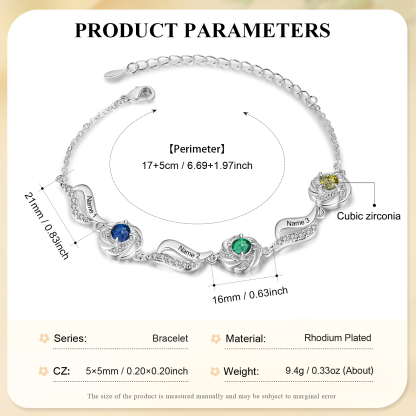 Bracelet femme Roses 3 Prénom Personnalisé avec 3 Pierre de Naissance Bracelet Pierre de Naissance | Jessemade