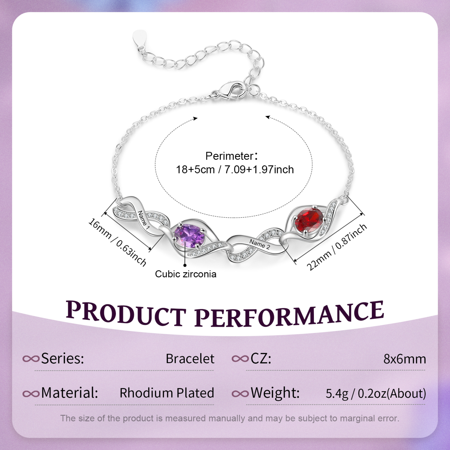 Bracelet Femme Infini Bracelet Personnalisé avec 2 Prénoms et Pierres de Naissance Bracelet Pierre de Naissance | Jessemade