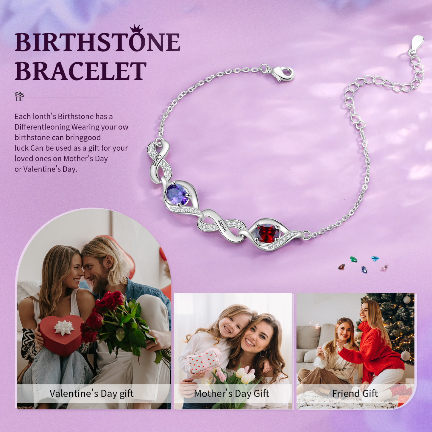 Bracelet Femme Infini Bracelet Personnalisé avec 2 Prénoms et Pierres de Naissance Bracelet Pierre de Naissance | Jessemade