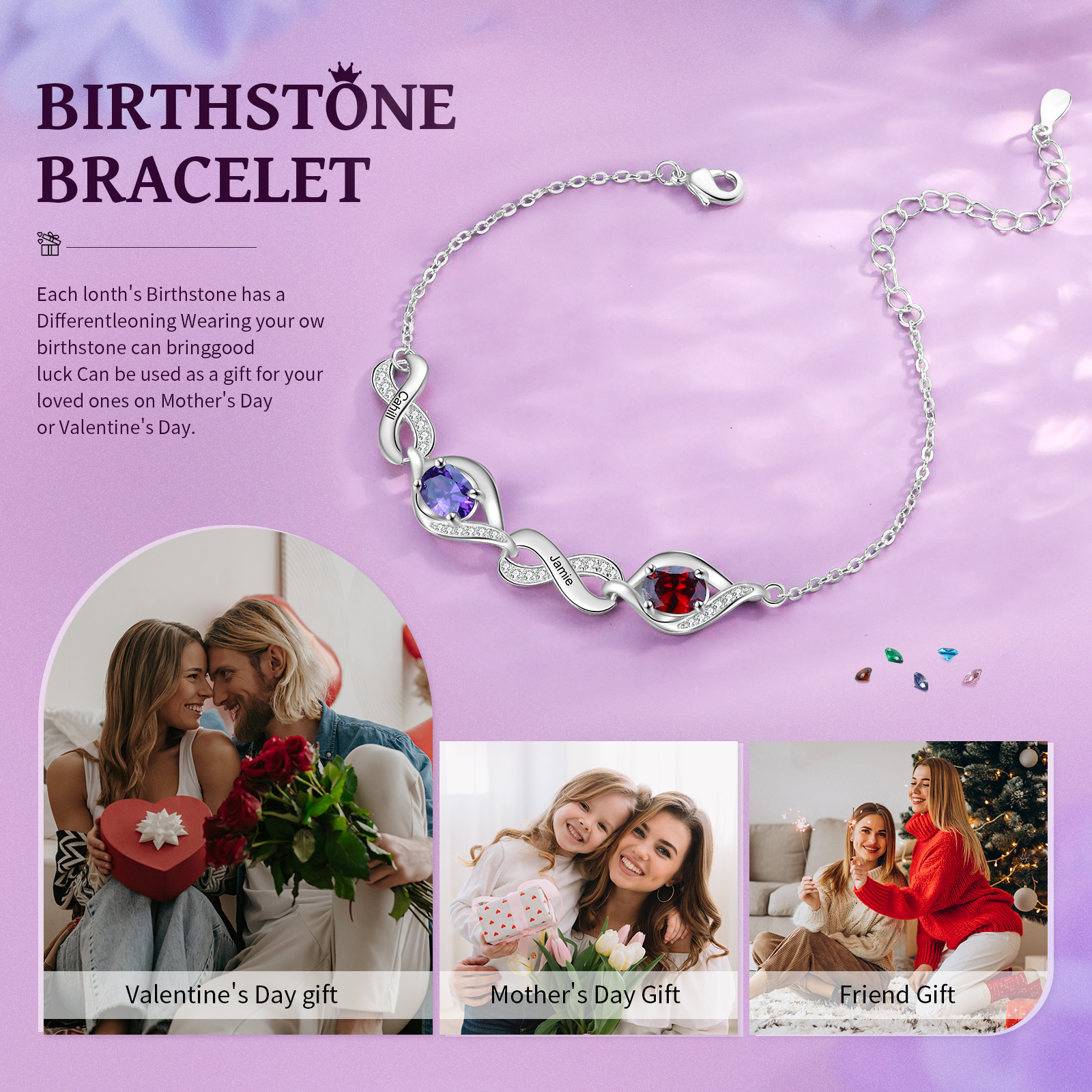 Bracelet Femme Infini Bracelet Personnalisé avec 2 Prénoms et Pierres de Naissance Bracelet Pierre de Naissance | Jessemade