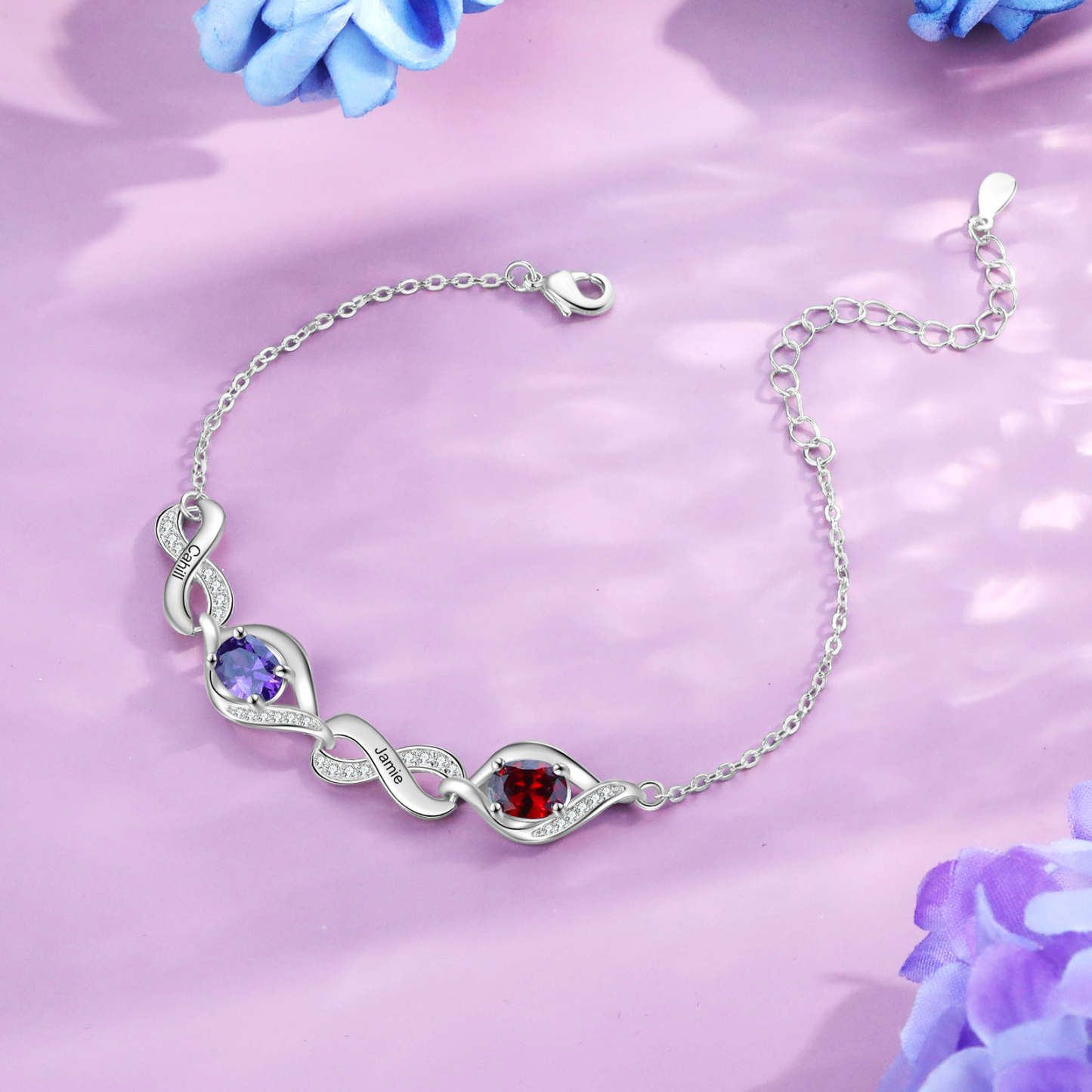 Bracelet Femme Infini Bracelet Personnalisé avec 2 Prénoms et Pierres de Naissance Bracelet Pierre de Naissance | Jessemade