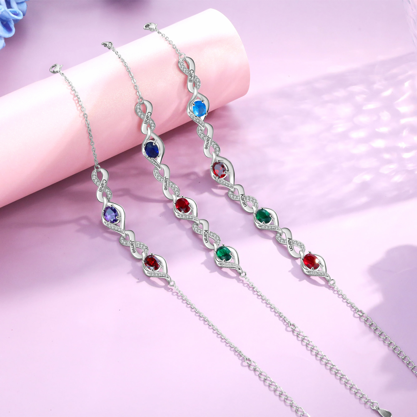 Bracelet Femme Infini Bracelet Personnalisé avec 3 Prénoms et Pierres de Naissance Bracelet Pierre de Naissance | Jessemade