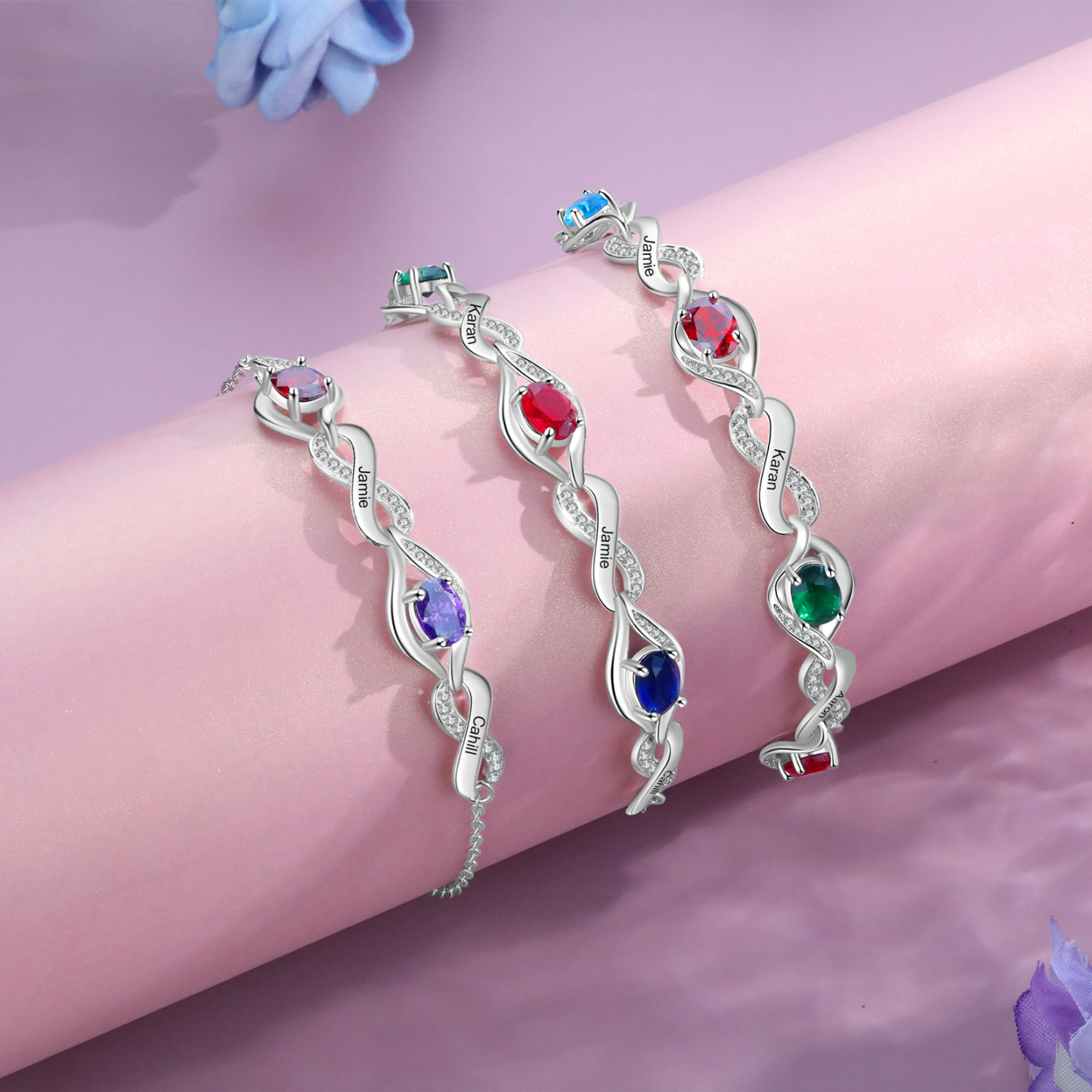Bracelet Femme Infini Bracelet Personnalisé avec 3 Prénoms et Pierres de Naissance Bracelet Pierre de Naissance | Jessemade