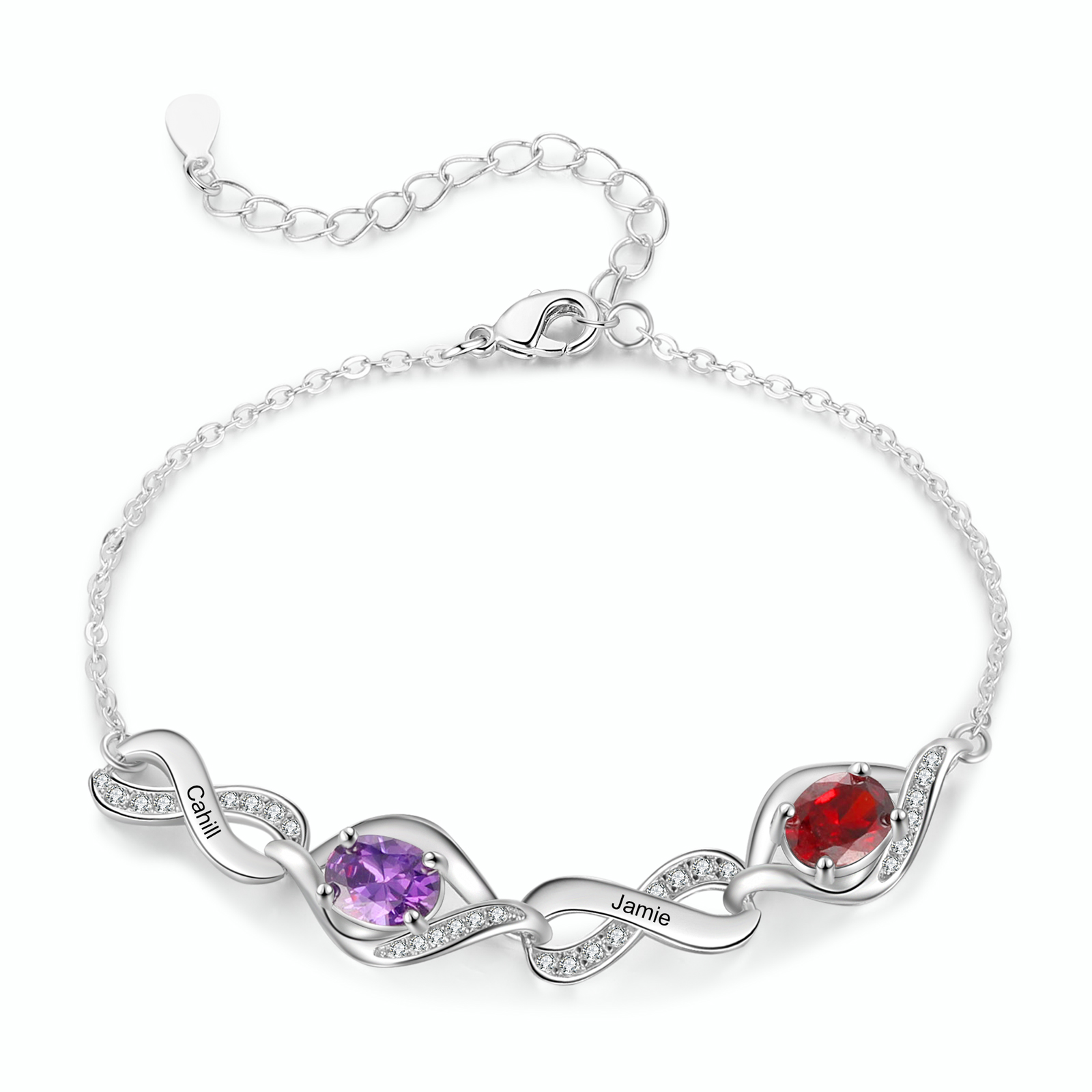 Bracelet femme cœurs 2 Prénoms Personnalisé avec 2 Pierres de Naissanc