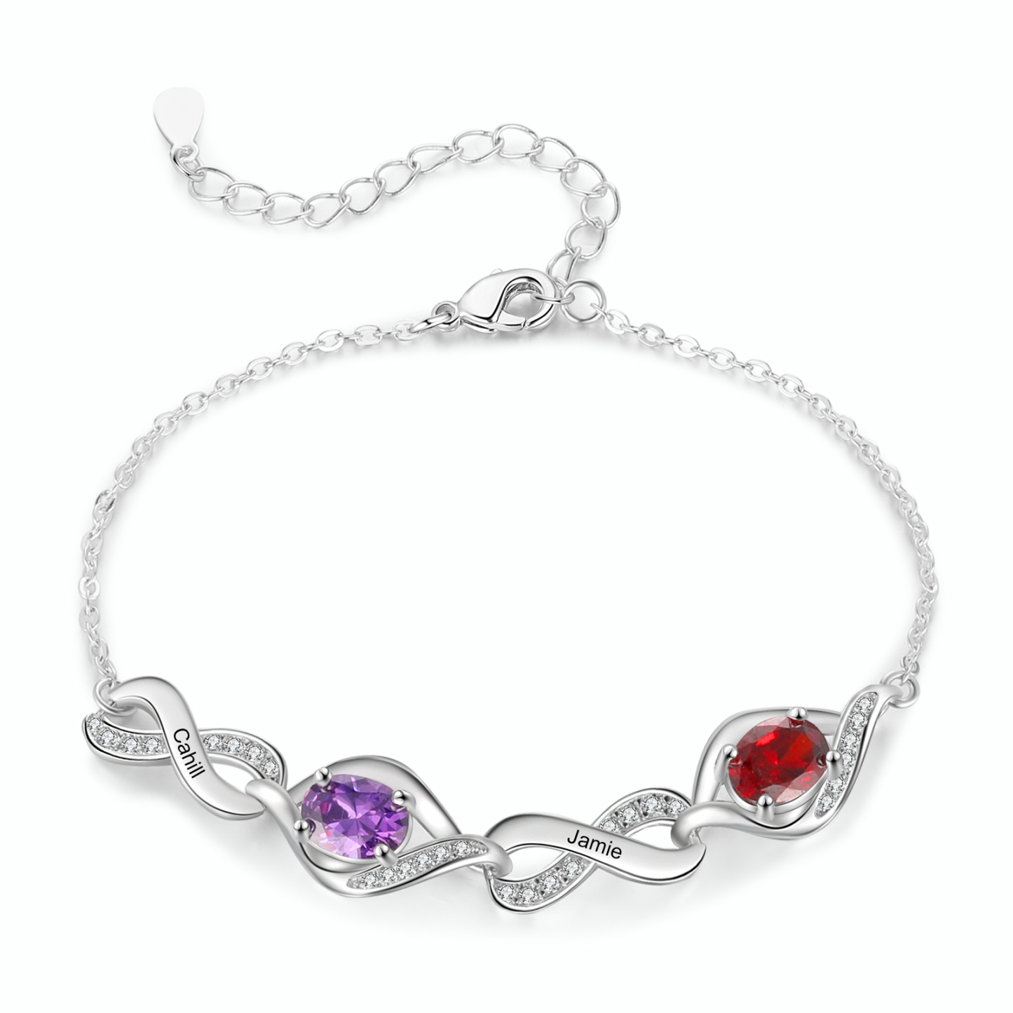 Bracelet femme cœurs 2 Prénoms Personnalisé avec 2 Pierres de Naissanc
