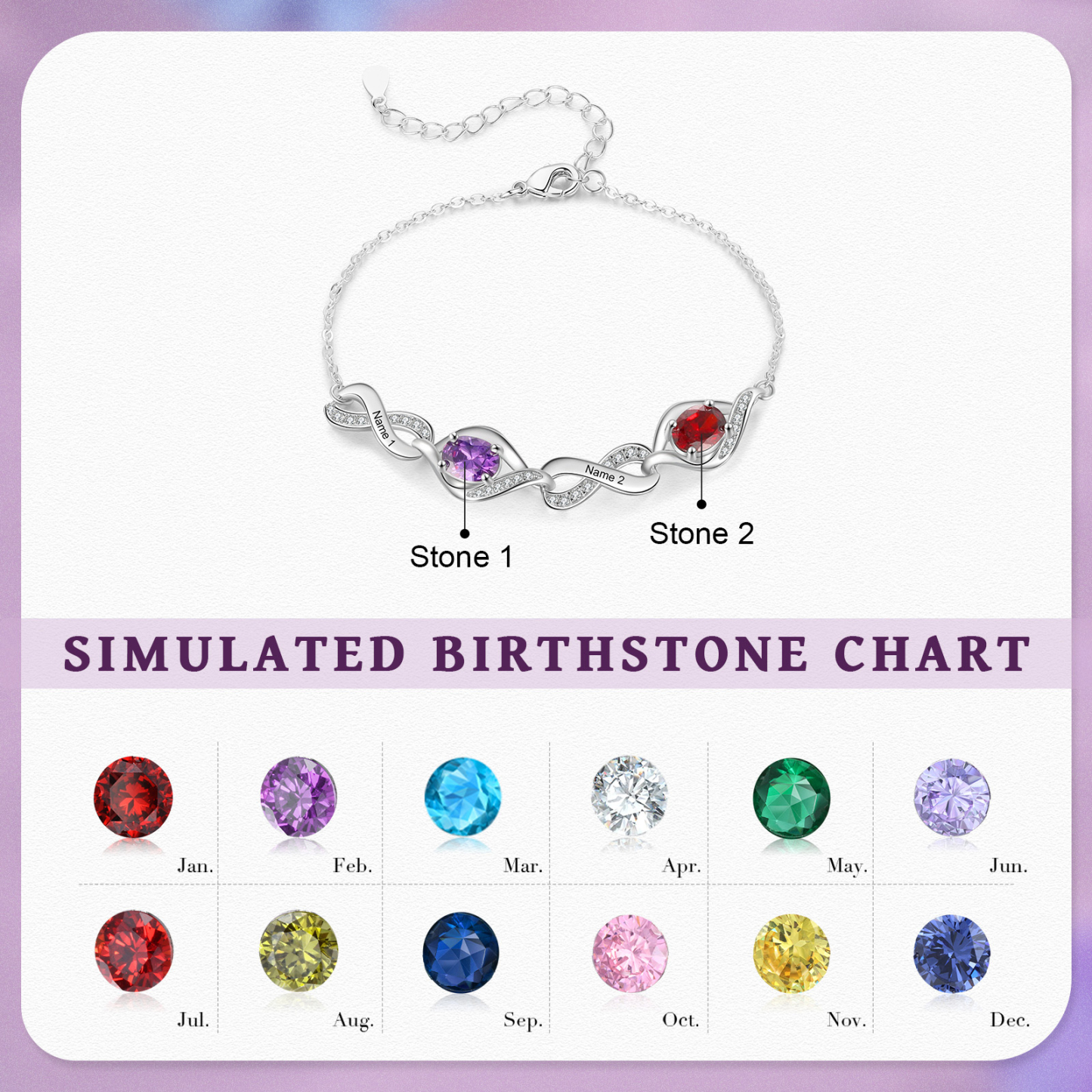 Bracelet Femme Infini Bracelet Personnalisé avec 2 Prénoms et Pierres de Naissance Bracelet Pierre de Naissance | Jessemade