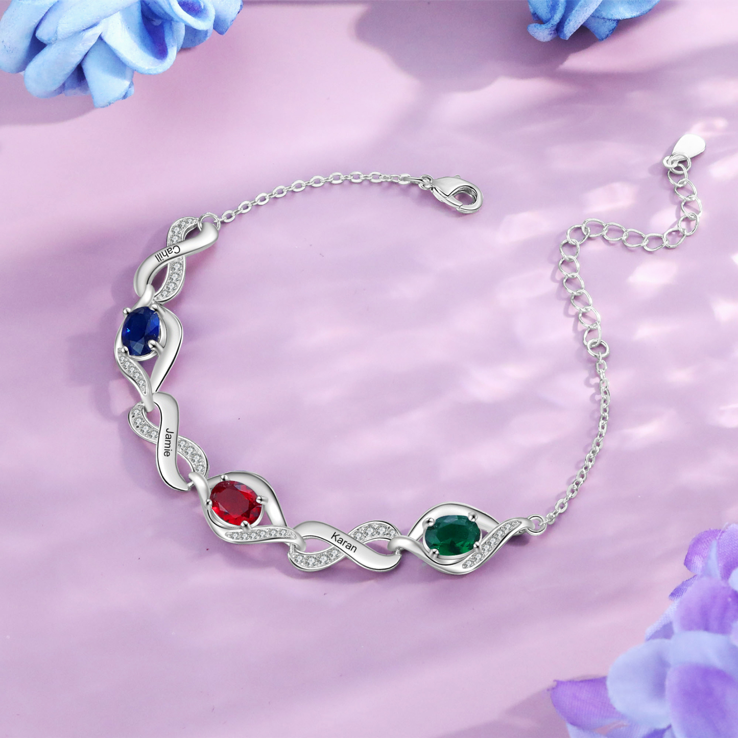 Bracelet Femme Infini Bracelet Personnalisé avec 3 Prénoms et Pierres de Naissance Bracelet Pierre de Naissance | Jessemade