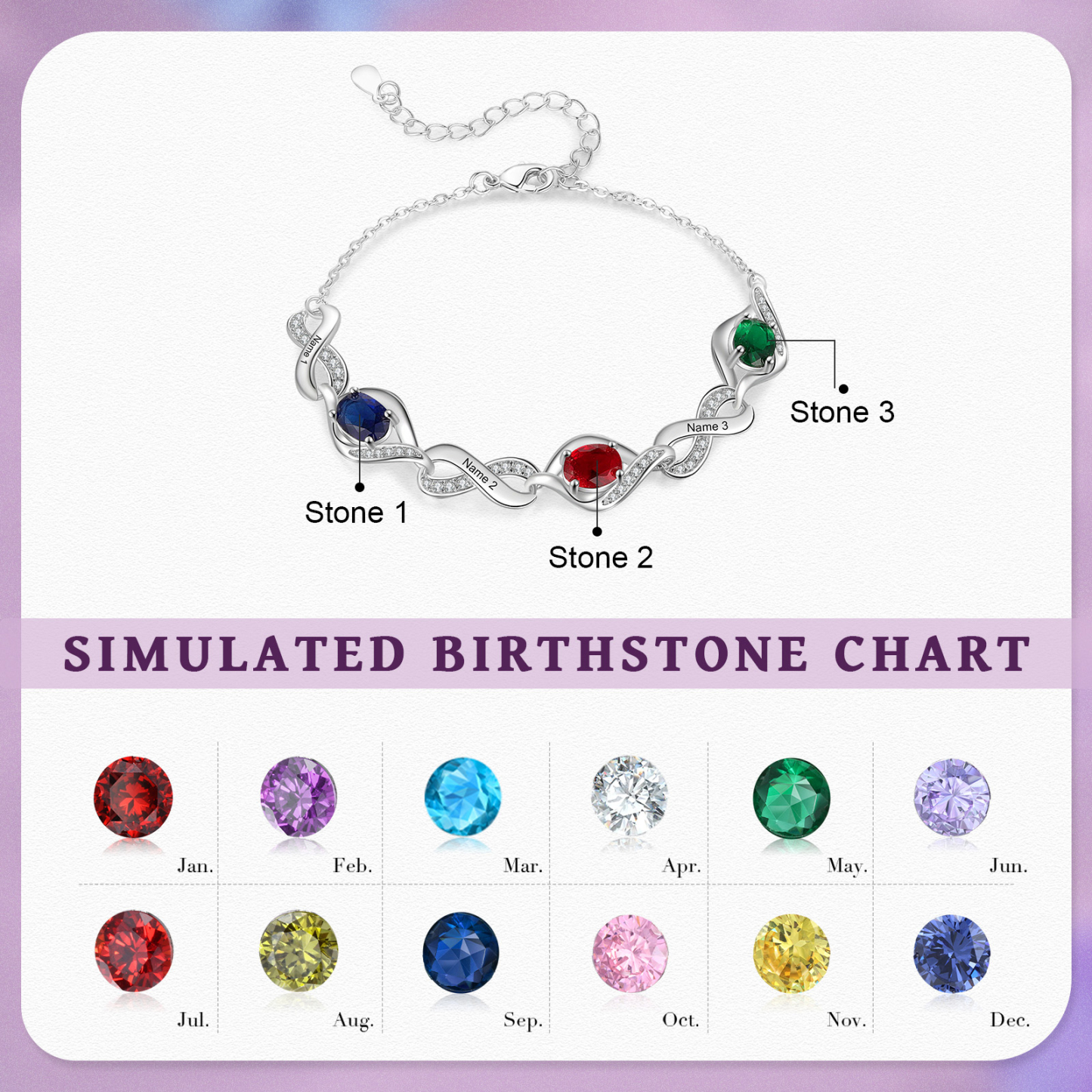Bracelet Femme Infini Bracelet Personnalisé avec 3 Prénoms et Pierres de Naissance Bracelet Pierre de Naissance | Jessemade