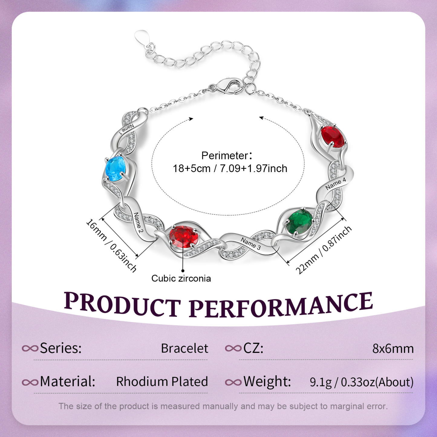 Bracelet Femme Infini Bracelet Personnalisé avec 4 Prénoms et Pierres de Naissance Bracelet Pierre de Naissance | Jessemade