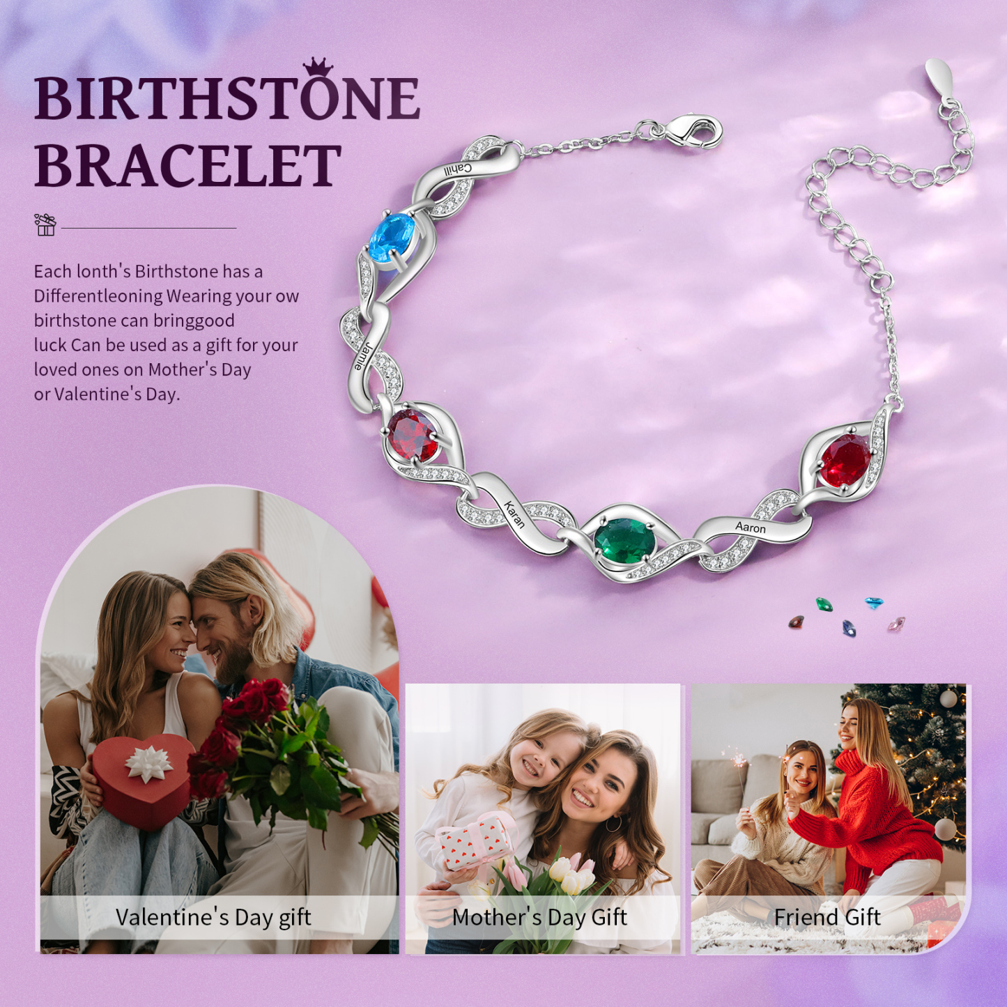 Bracelet Femme Infini Bracelet Personnalisé avec 4 Prénoms et Pierres de Naissance Bracelet Pierre de Naissance | Jessemade