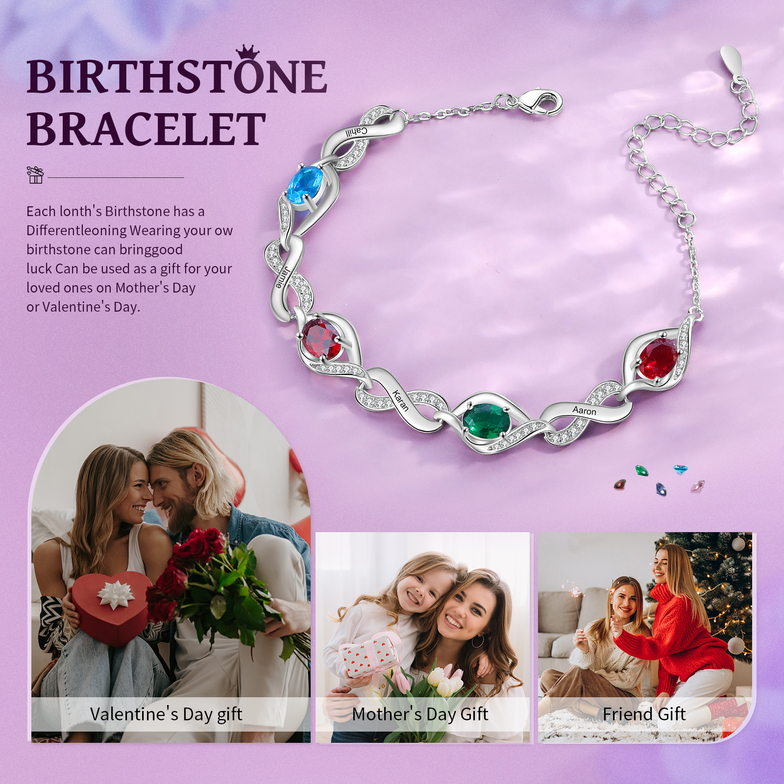 Bracelet Femme Infini Bracelet Personnalisé avec 4 Prénoms et Pierres de Naissance Bracelet Pierre de Naissance | Jessemade