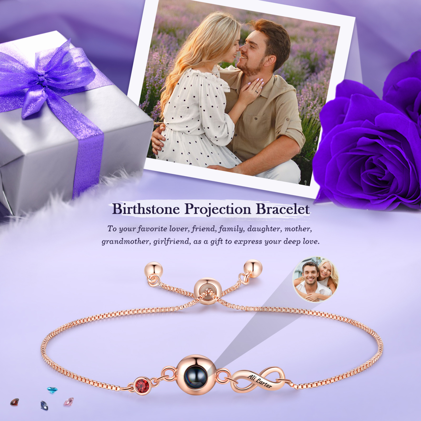 Bracelet Photo Projection avec Prénom et Pierre de Naissance Bracelet Personnalisé pour Femme|Jessemade
