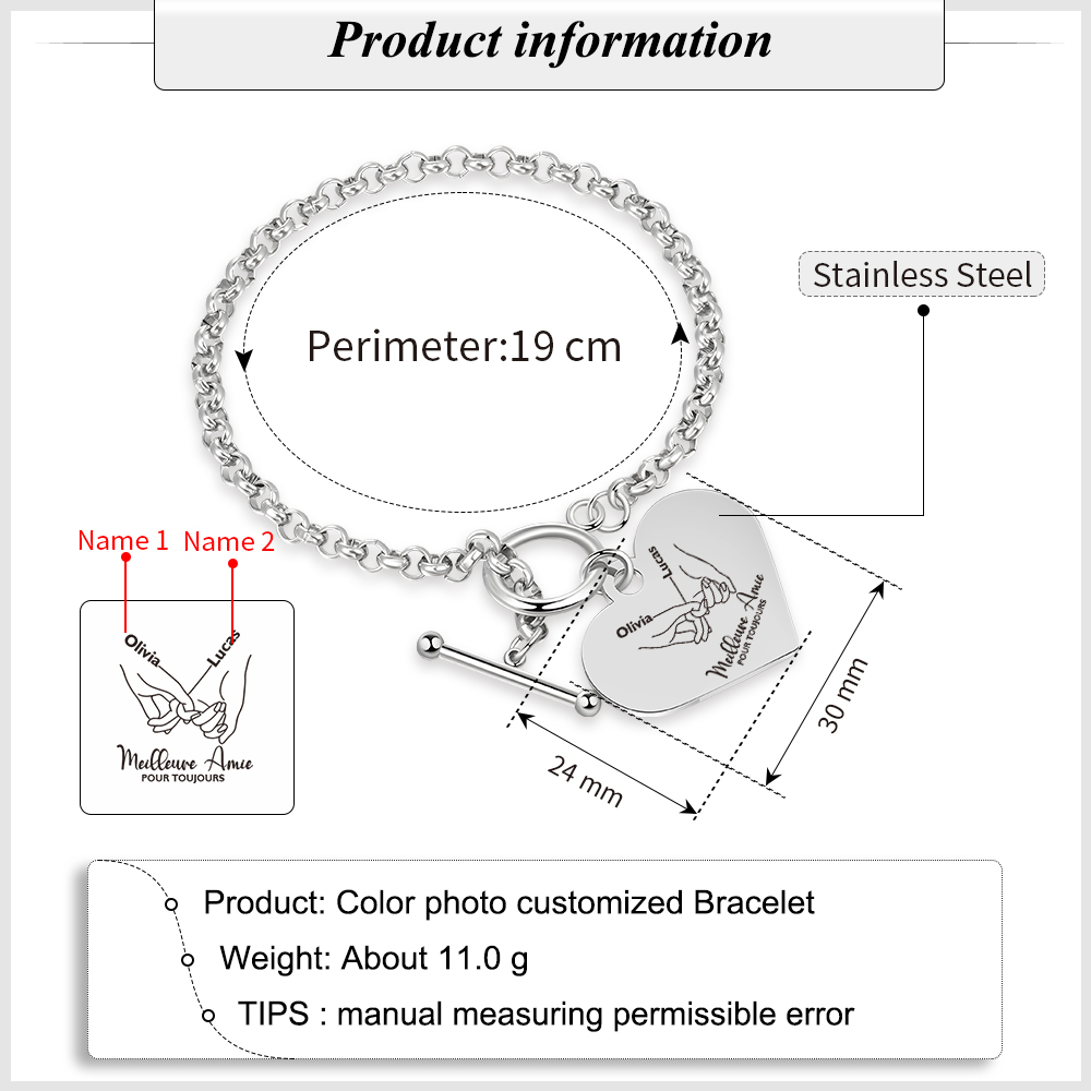 Bracelet avec Cœur Breloque personnalisé en acier inoxydable avec photo et prénom Cadeau pour amie | Jessemade