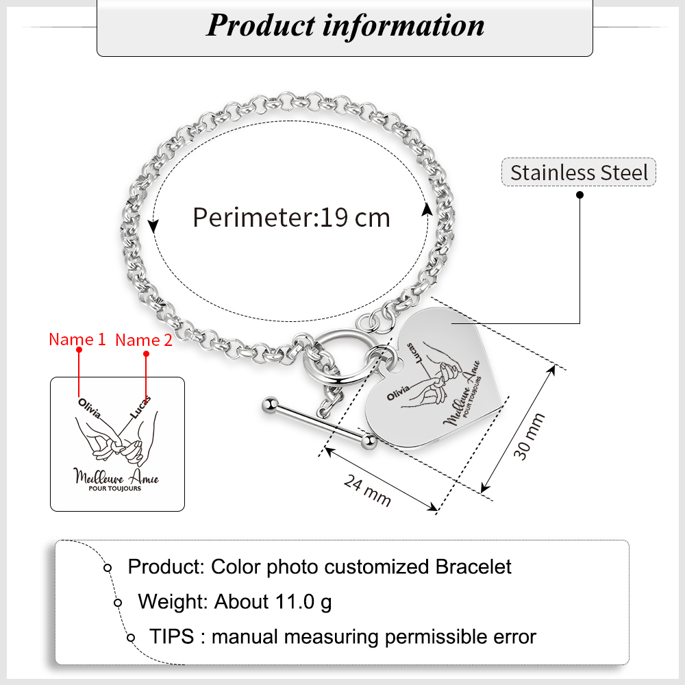 Bracelet avec Cœur Breloque personnalisé en acier inoxydable avec photo et prénom Cadeau pour amie | Jessemade
