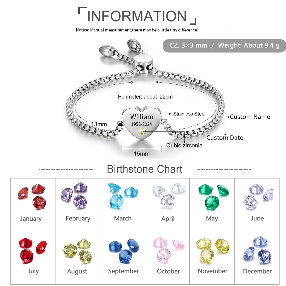 Bracelet Cœur 1 Prénom Personnalisé avec Pierres de Naissance pour Femme Argent Bracelet Personnalisé Femme | Jessemade
