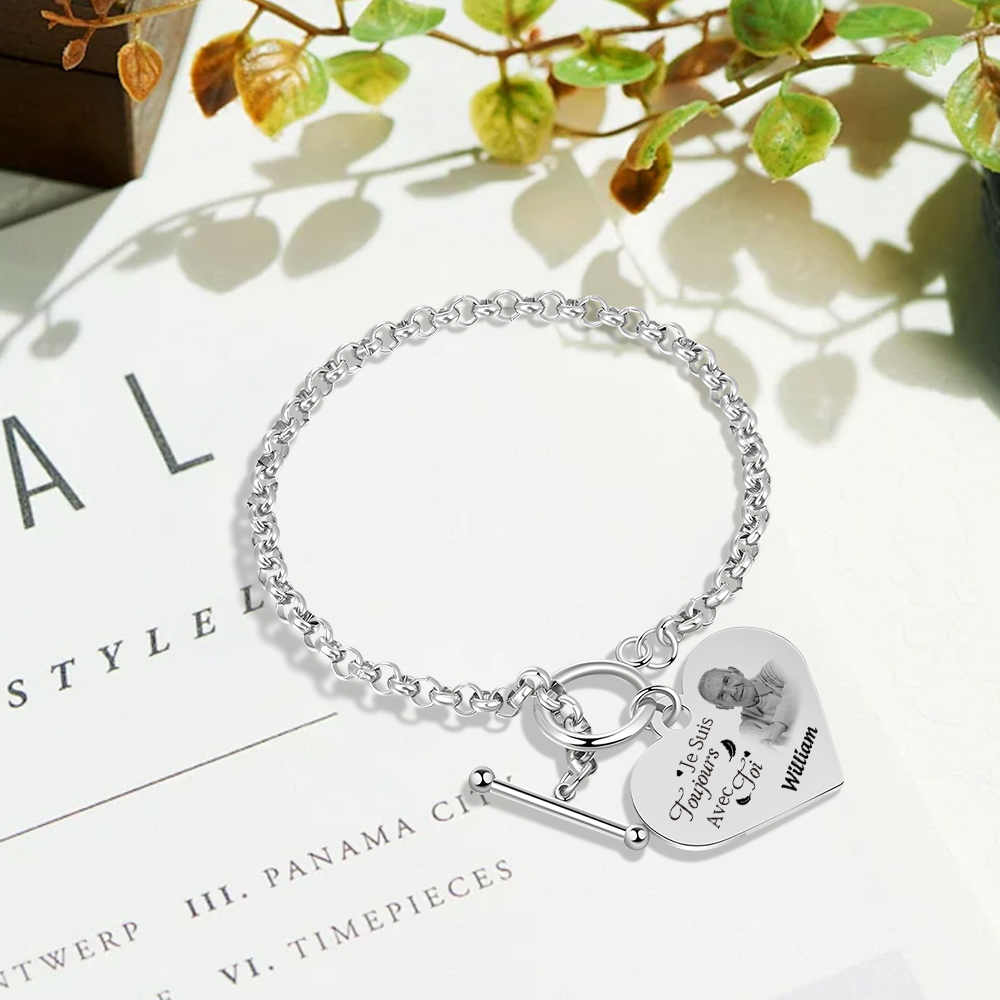 Bracelet avec Cœur Breloque personnalisé en acier inoxydable avec photo et prénom | Jessemade