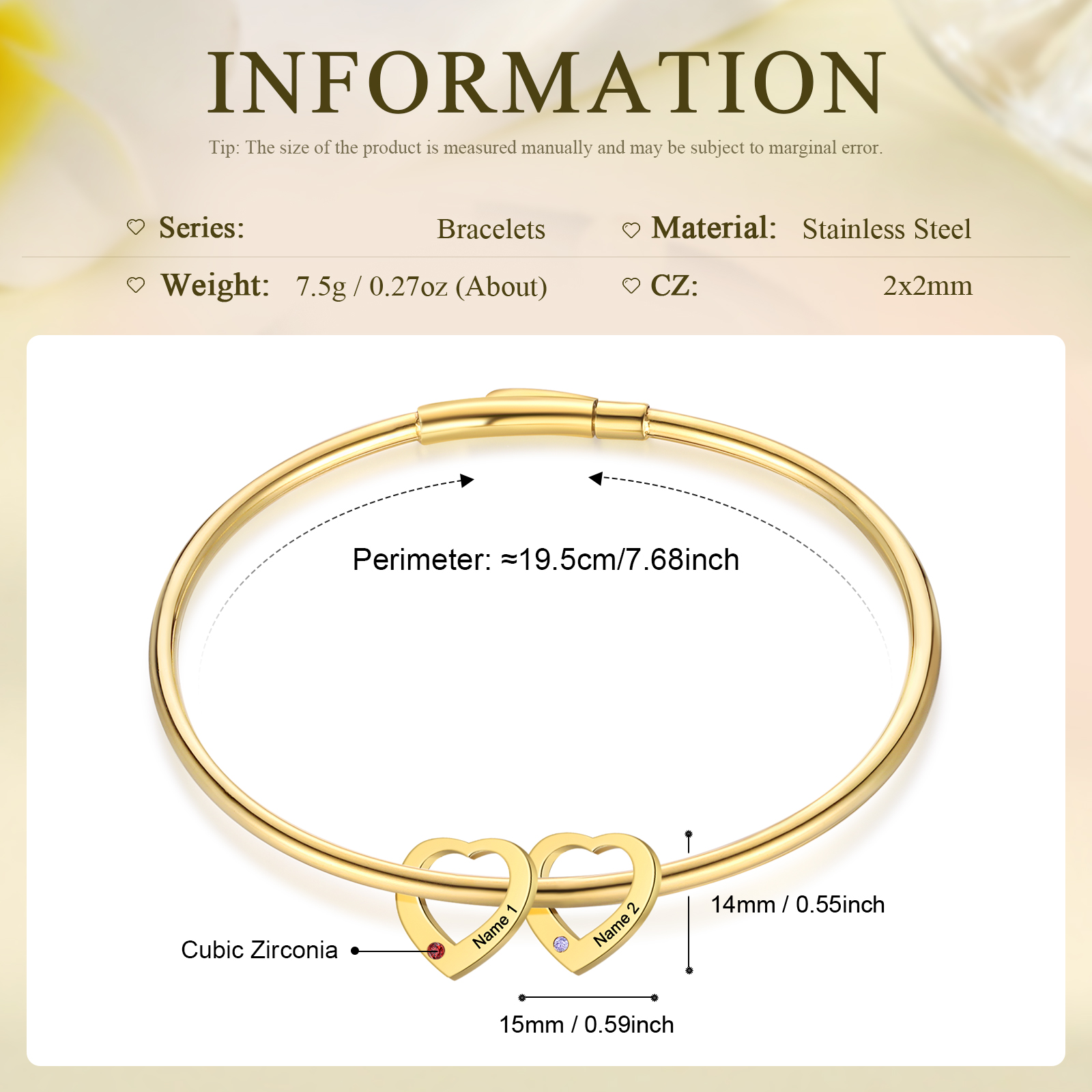 Bracelet Jonc Bracelet Coeur 2 Prénoms Personnalisés avec 2 Pierres de Naissance