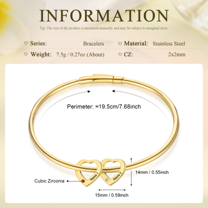 Bracelet Jonc Bracelet Coeur 2 Prénoms Personnalisés avec 2 Pierres de Naissance