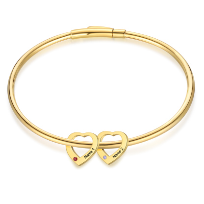 Bracelet Jonc Bracelet Coeur 2 Prénoms Personnalisés avec 2 Pierres de Naissance