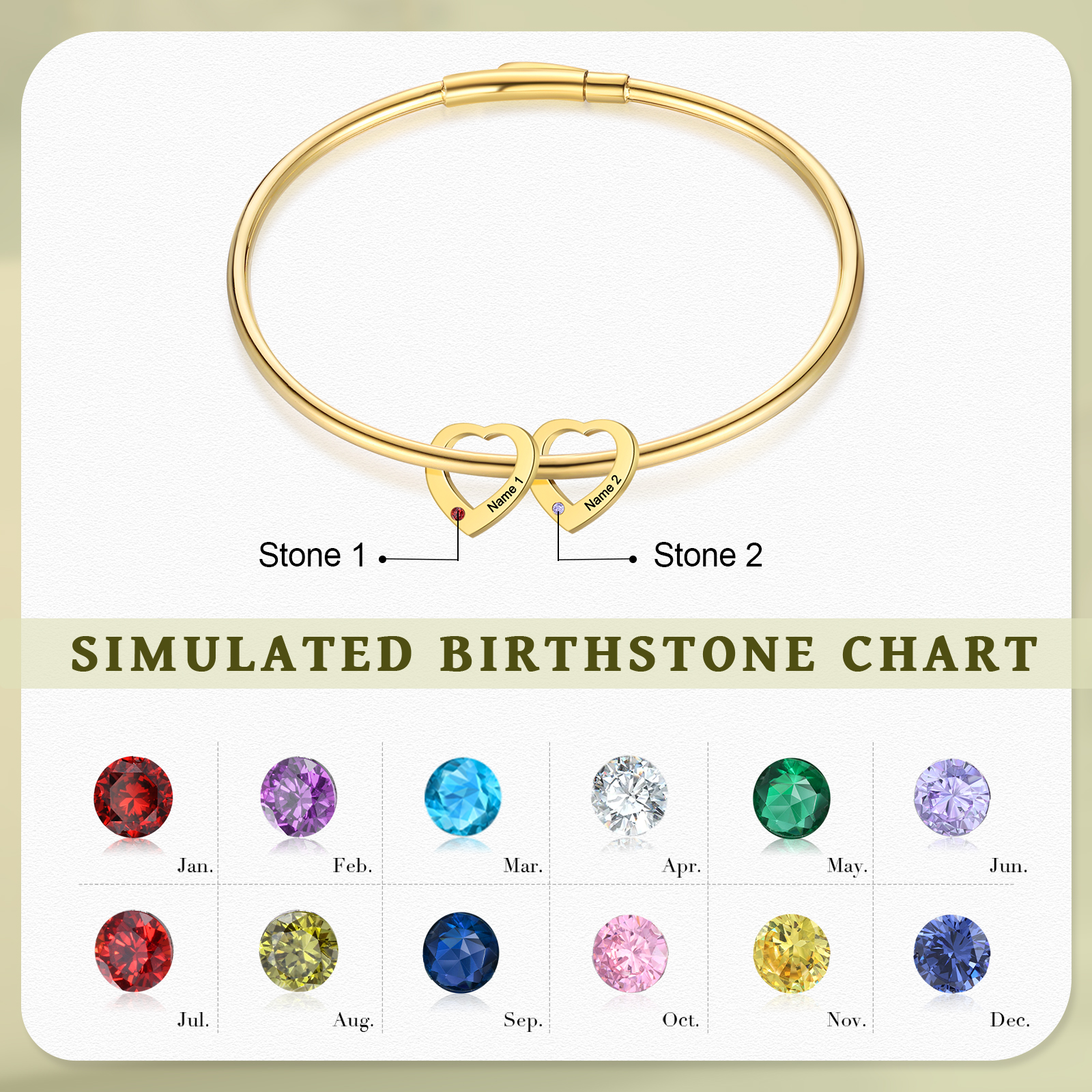 Bracelet Jonc Bracelet Coeur 2 Prénoms Personnalisés avec 2 Pierres de Naissance