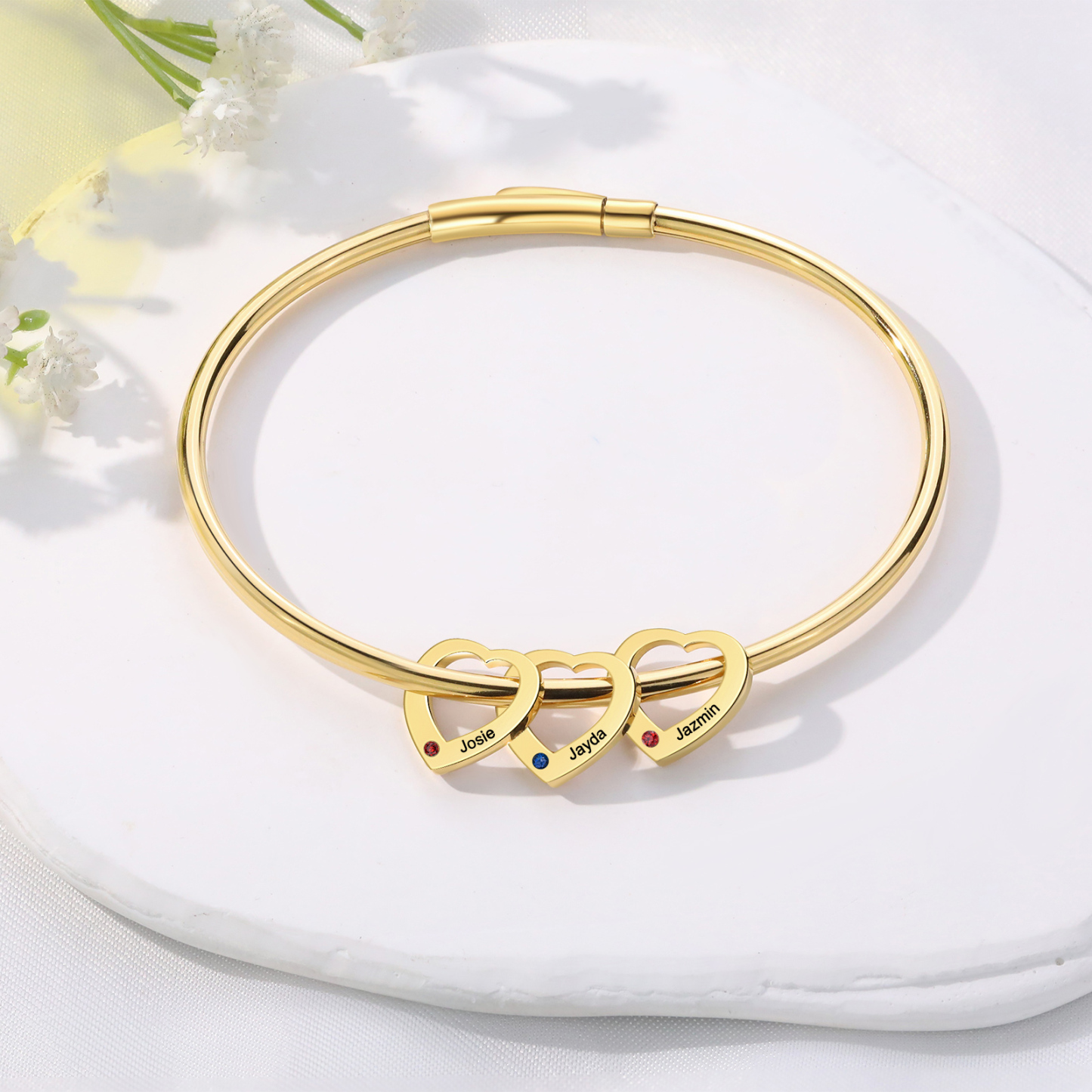 Bracelet Jonc 3 Prénoms Personnalisés avec 3 Pierres de Naissance | Jessemade