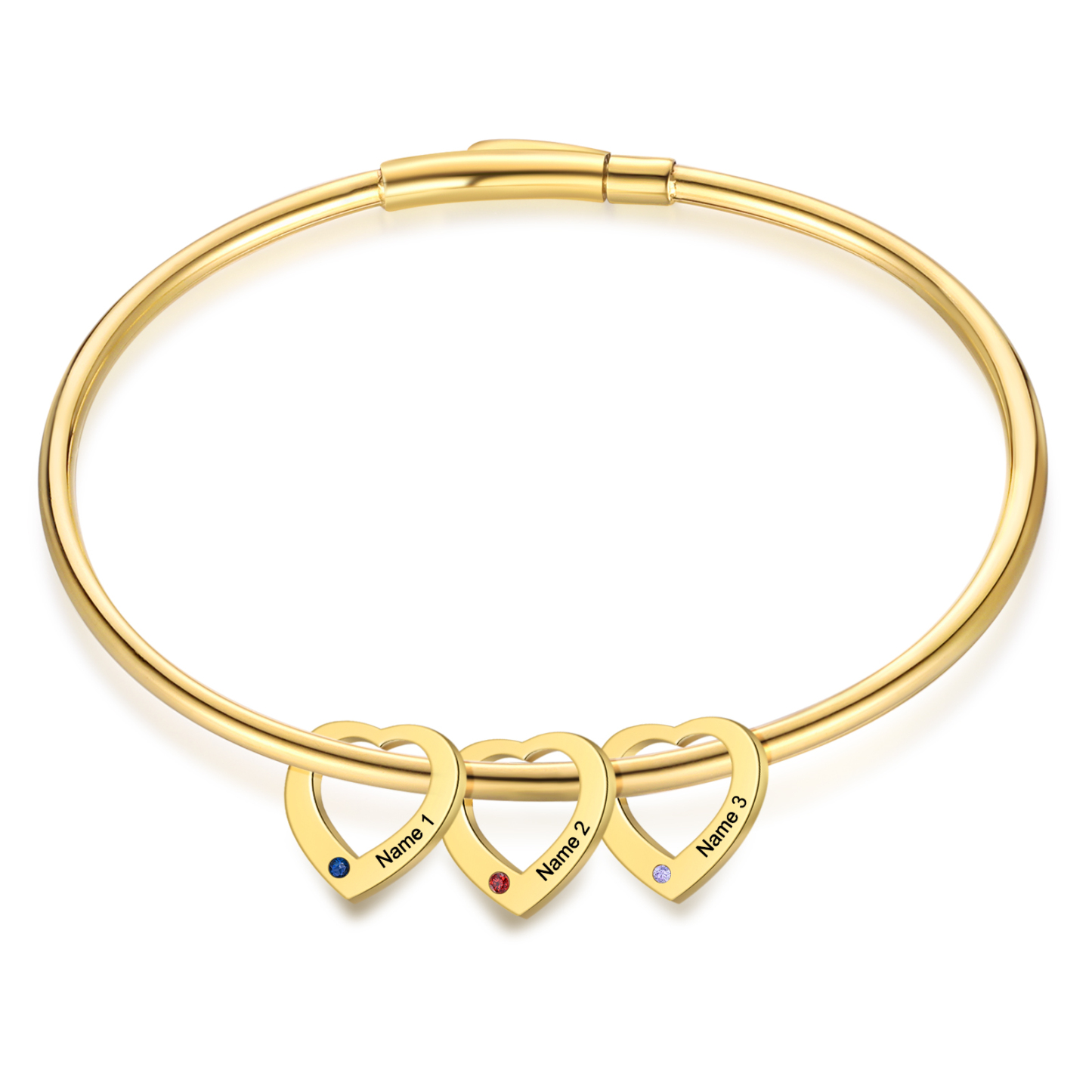 Bracelet Jonc 3 Prénoms Personnalisés avec 3 Pierres de Naissance | Jessemade