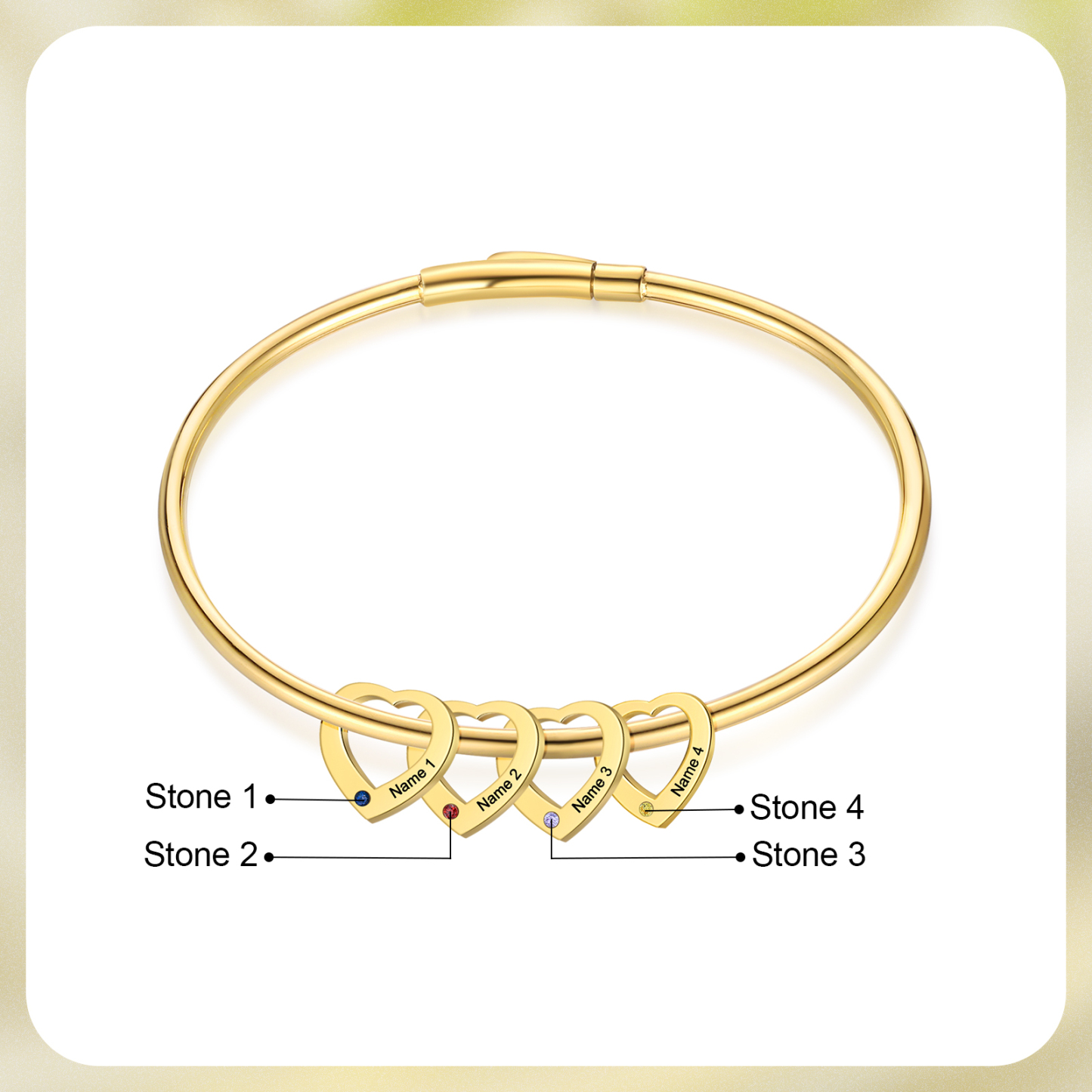 Bracelet Jonc Bracelet Coeur 4 Prénoms Personnalisés avec 4 Pierres de Naissance Argent Or | Jessemade