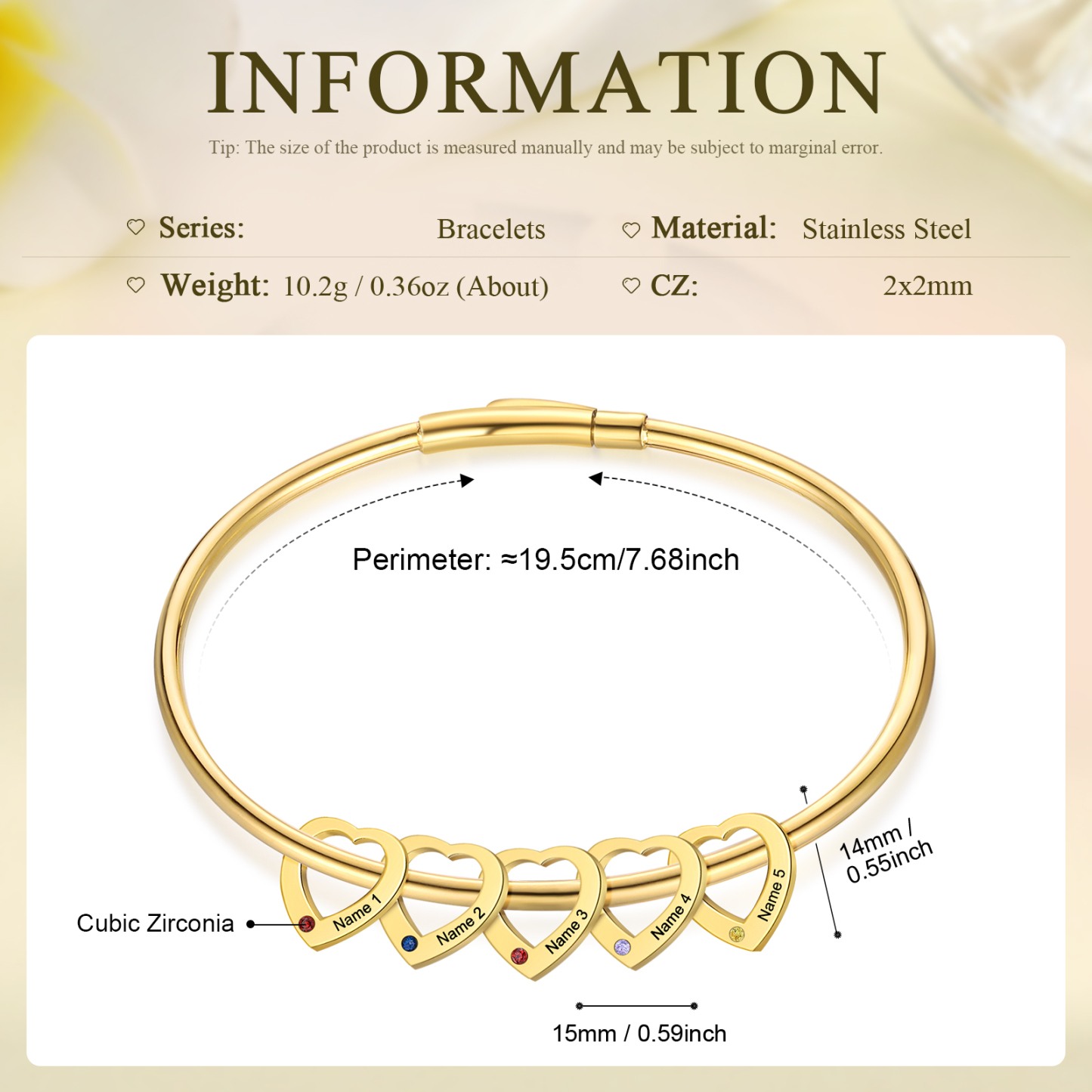 Bracelet Jonc Bracelet Coeur 5 Prénoms Personnalisés avec 5 Pierres de Naissance Argent Or | Jessemade