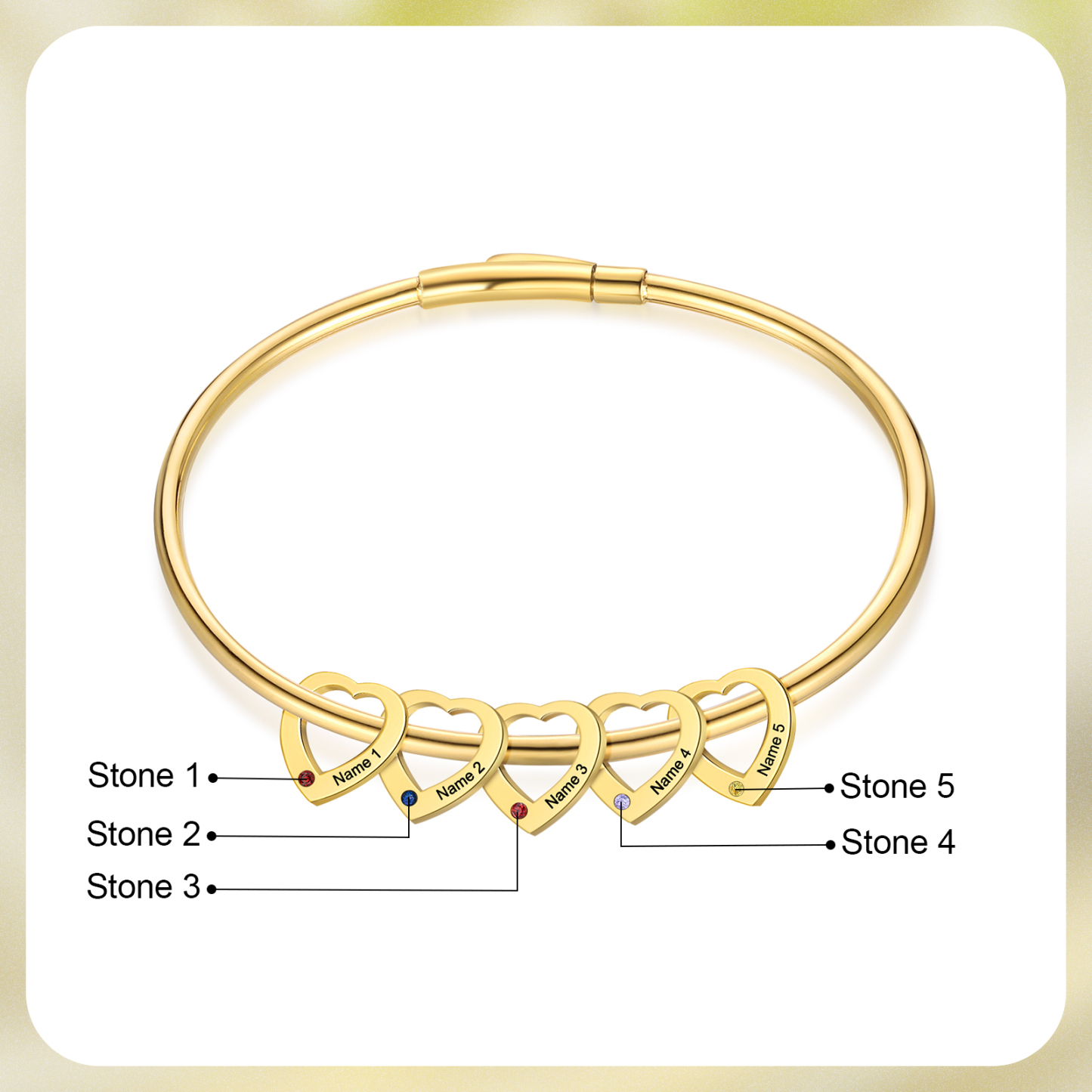 Bracelet Jonc Bracelet Coeur 5 Prénoms Personnalisés avec 5 Pierres de Naissance Argent Or | Jessemade