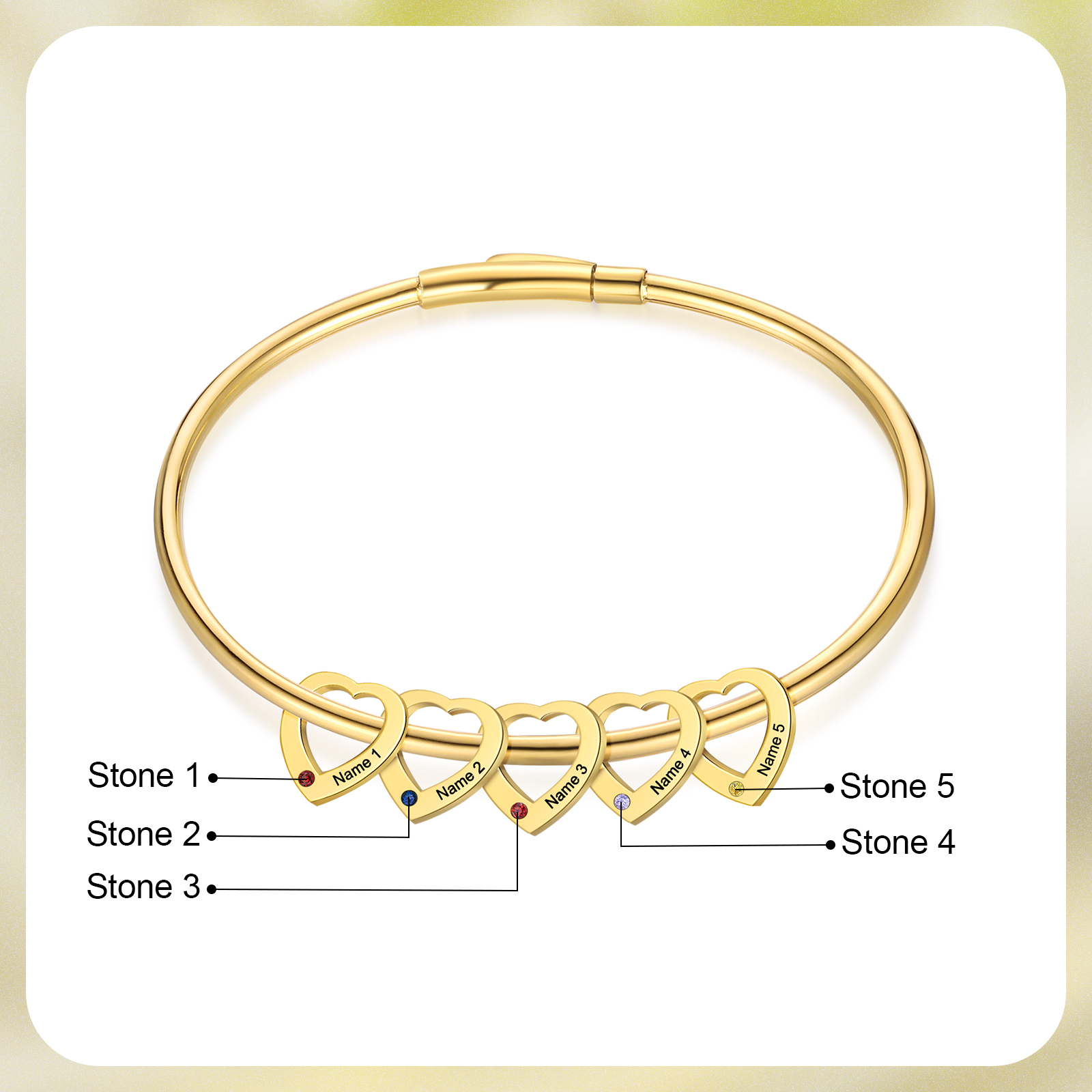 Bracelet Jonc Bracelet Coeur 5 Prénoms Personnalisés avec 5 Pierres de Naissance Argent Or | Jessemade