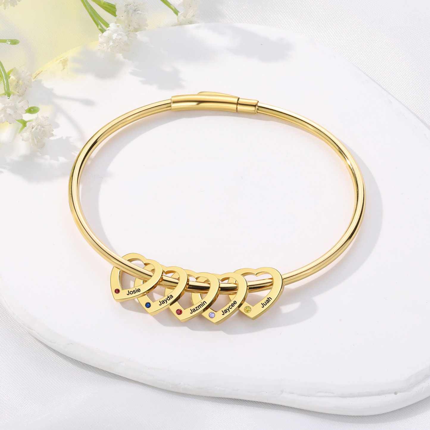 Bracelet Jonc Bracelet Coeur 5 Prénoms Personnalisés avec 5 Pierres de Naissance Argent Or | Jessemade