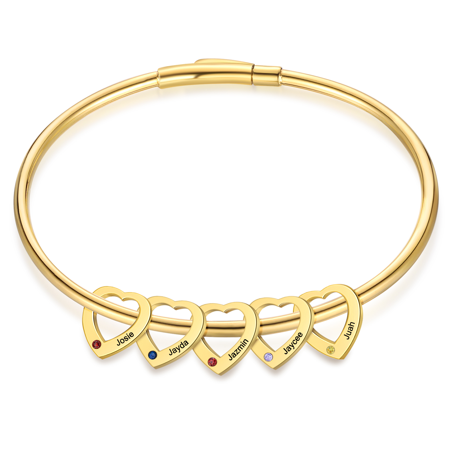 Bracelet Jonc Bracelet Coeur 5 Prénoms Personnalisés avec 5 Pierres de Naissance Argent Or | Jessemade