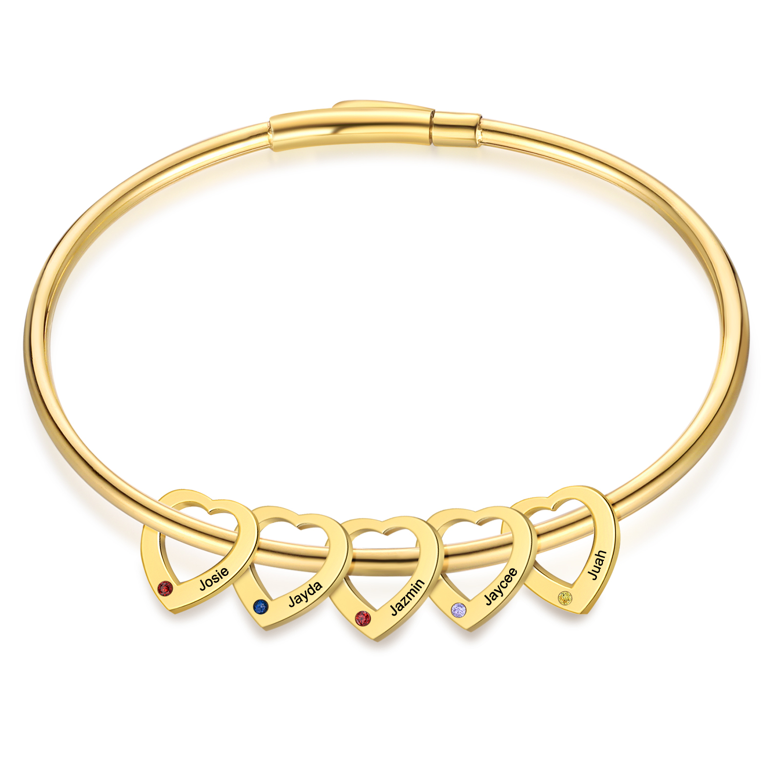 Bracelet Jonc Bracelet Coeur 5 Prénoms Personnalisés avec 5 Pierres de Naissance Argent Or | Jessemade