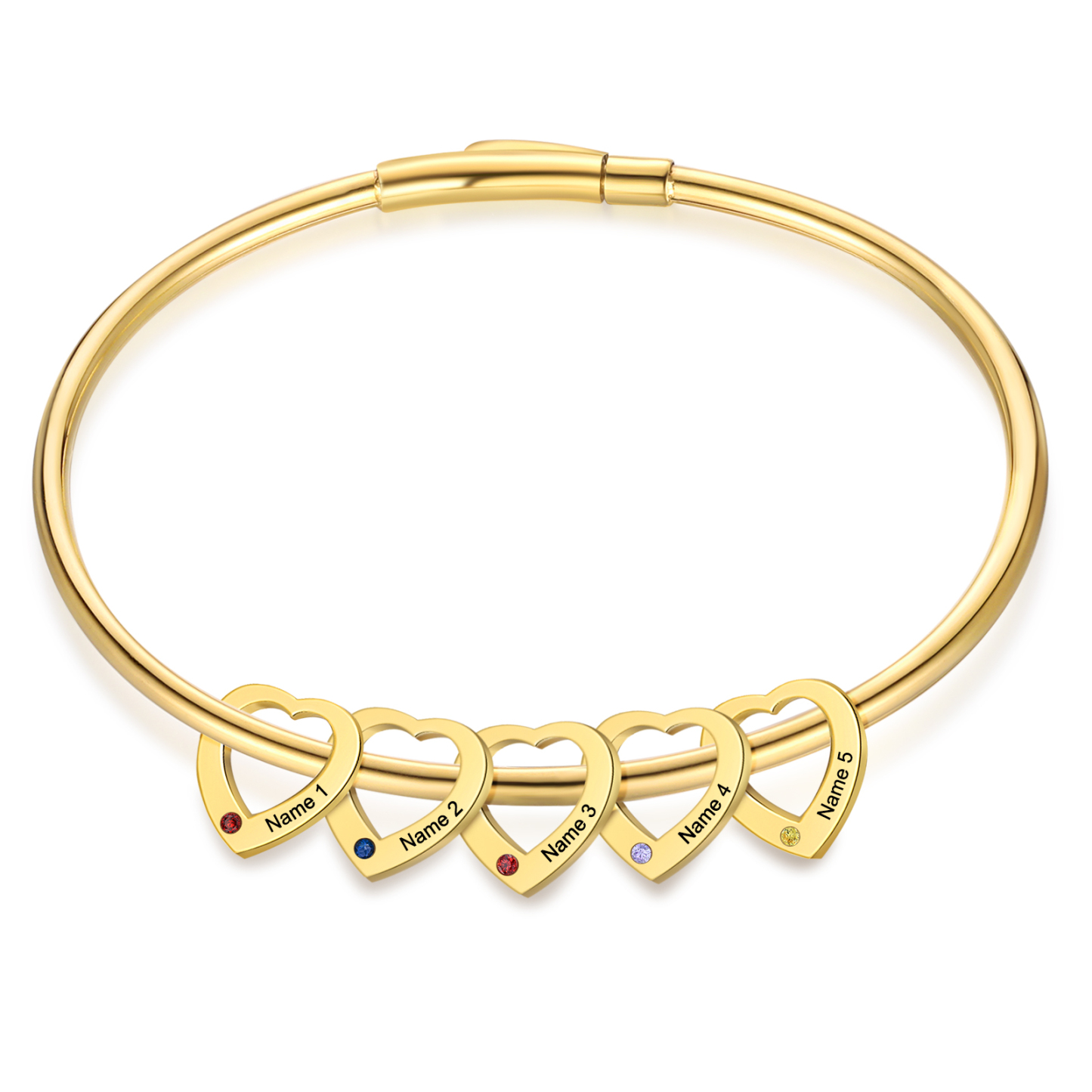 Bracelet Jonc Bracelet Coeur 5 Prénoms Personnalisés avec 5 Pierres de Naissance Argent Or | Jessemade