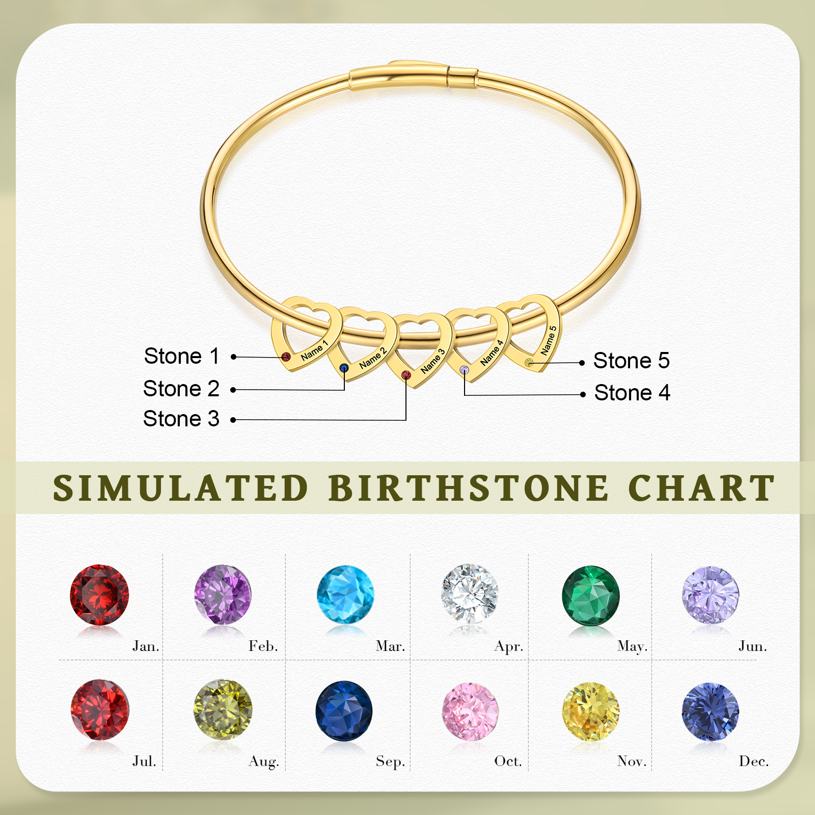 Bracelet Jonc Bracelet Coeur 5 Prénoms Personnalisés avec 5 Pierres de Naissance Argent Or | Jessemade