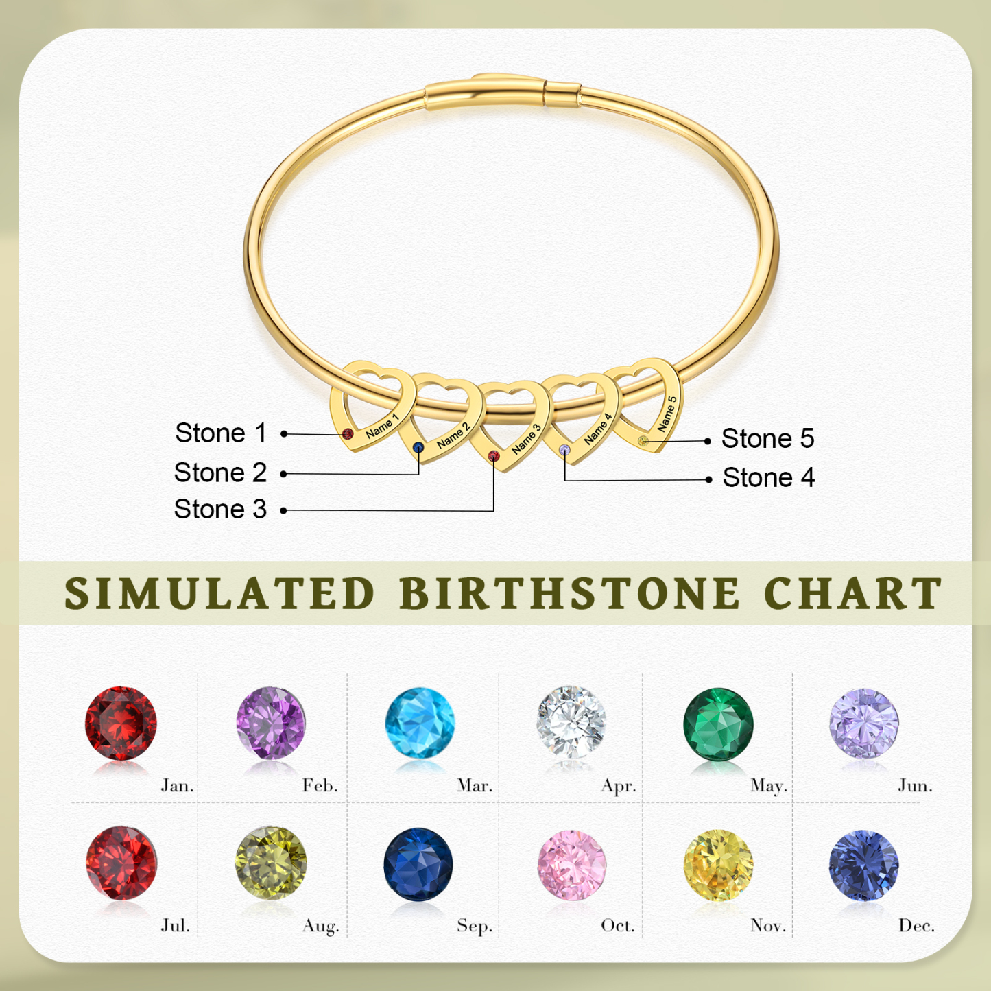 Bracelet Jonc Bracelet Coeur 5 Prénoms Personnalisés avec 5 Pierres de Naissance Argent Or | Jessemade