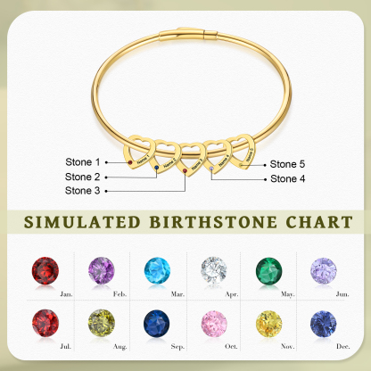 Bracelet Jonc Bracelet Coeur 5 Prénoms Personnalisés avec 5 Pierres de Naissance Argent Or | Jessemade