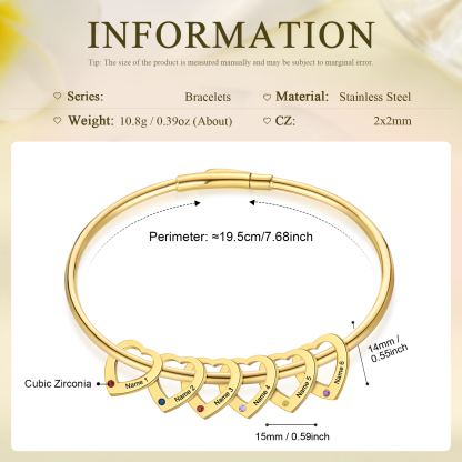 Bracelet Jonc Bracelet Coeur 6 Prénoms Personnalisés avec 6 Pierres de Naissance Argent Or | Jessemade