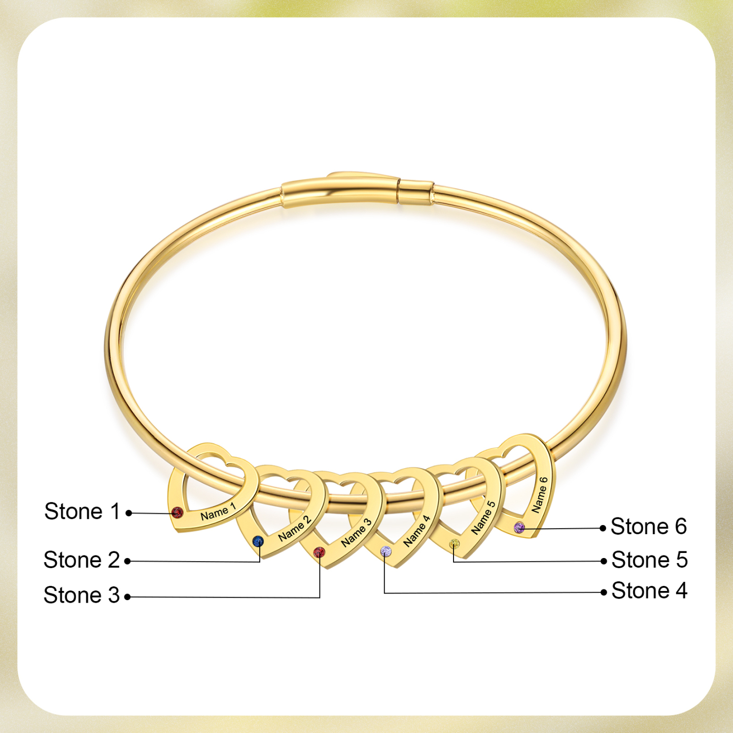 Bracelet Jonc Bracelet Coeur 6 Prénoms Personnalisés avec 6 Pierres de Naissance Argent Or | Jessemade