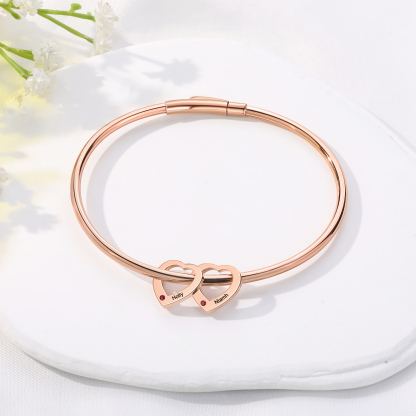 Bracelet Jonc Bracelet Coeur 2 Prénoms Personnalisés avec 2 Pierres de Naissance