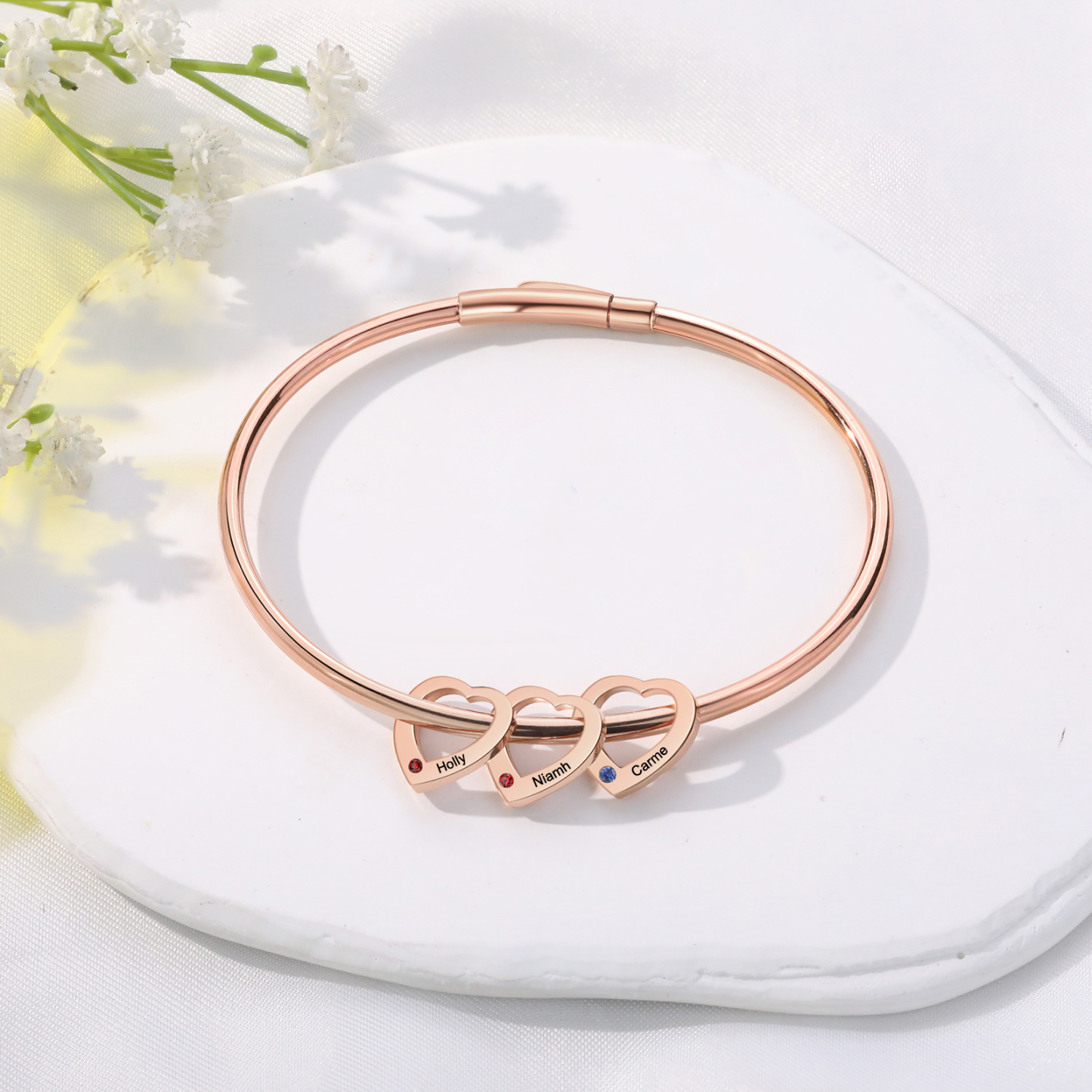 Bracelet Jonc 3 Prénoms Personnalisés avec 3 Pierres de Naissance | Jessemade