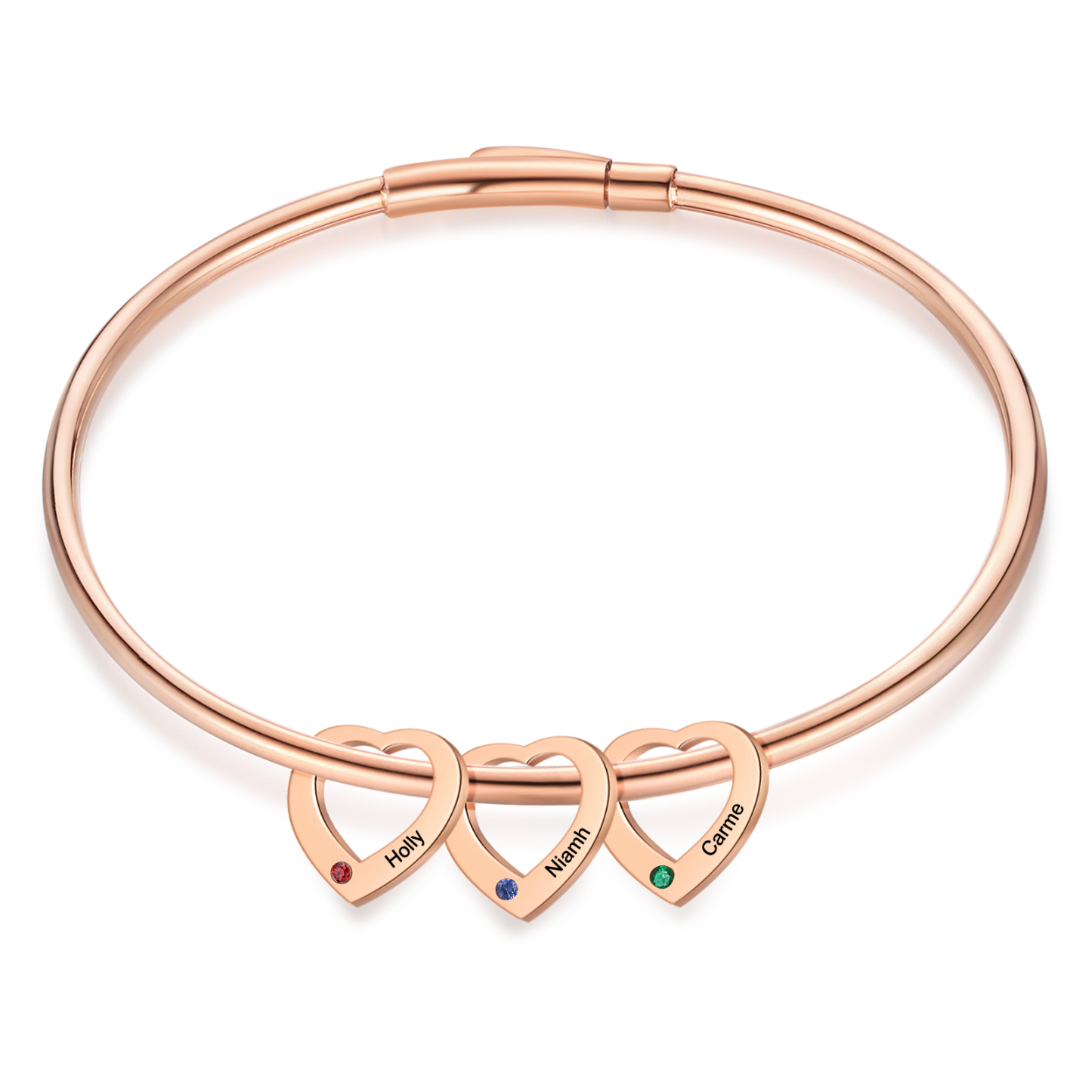 Bracelet Jonc 3 Prénoms Personnalisés avec 3 Pierres de Naissance | Jessemade