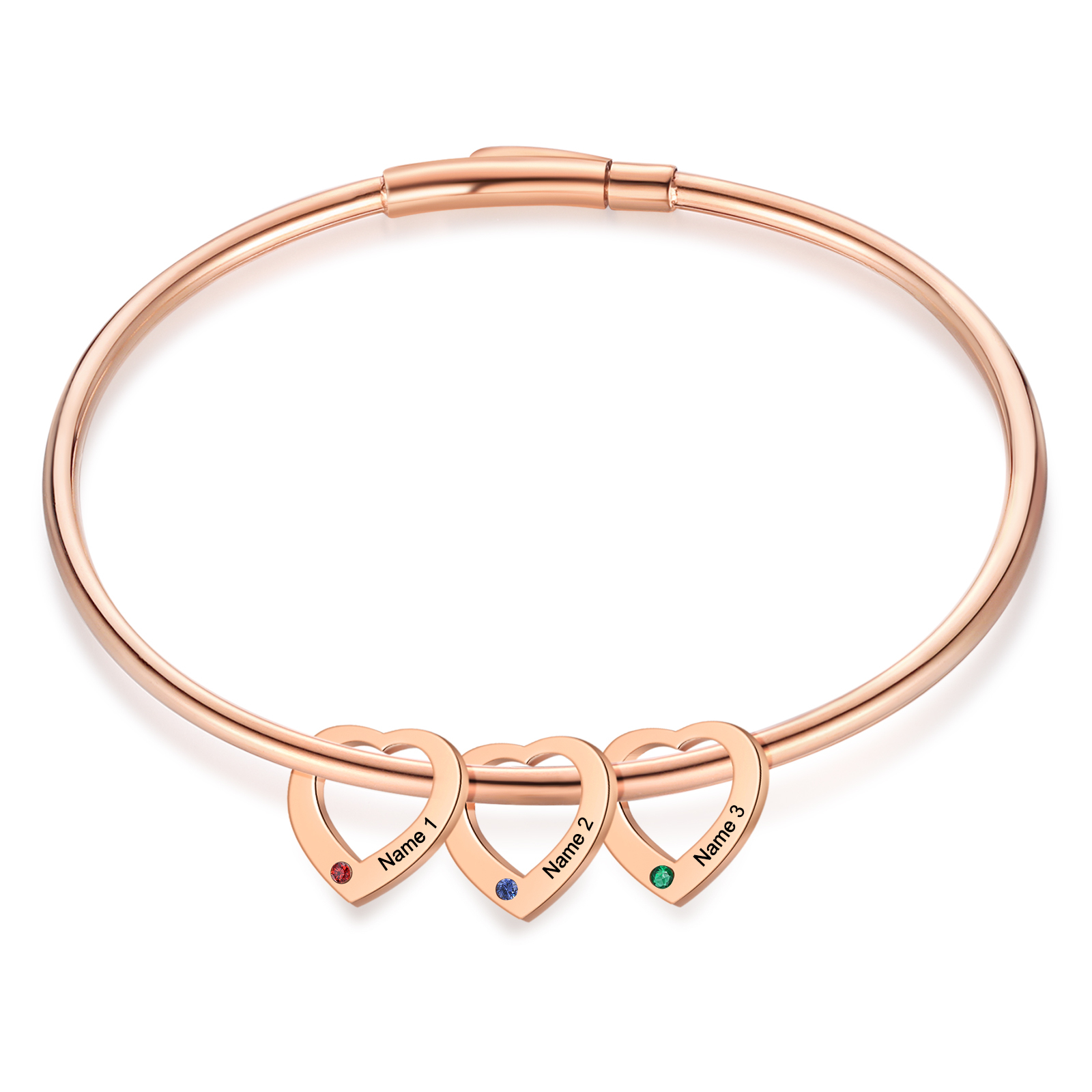 Bracelet Jonc 3 Prénoms Personnalisés avec 3 Pierres de Naissance | Jessemade
