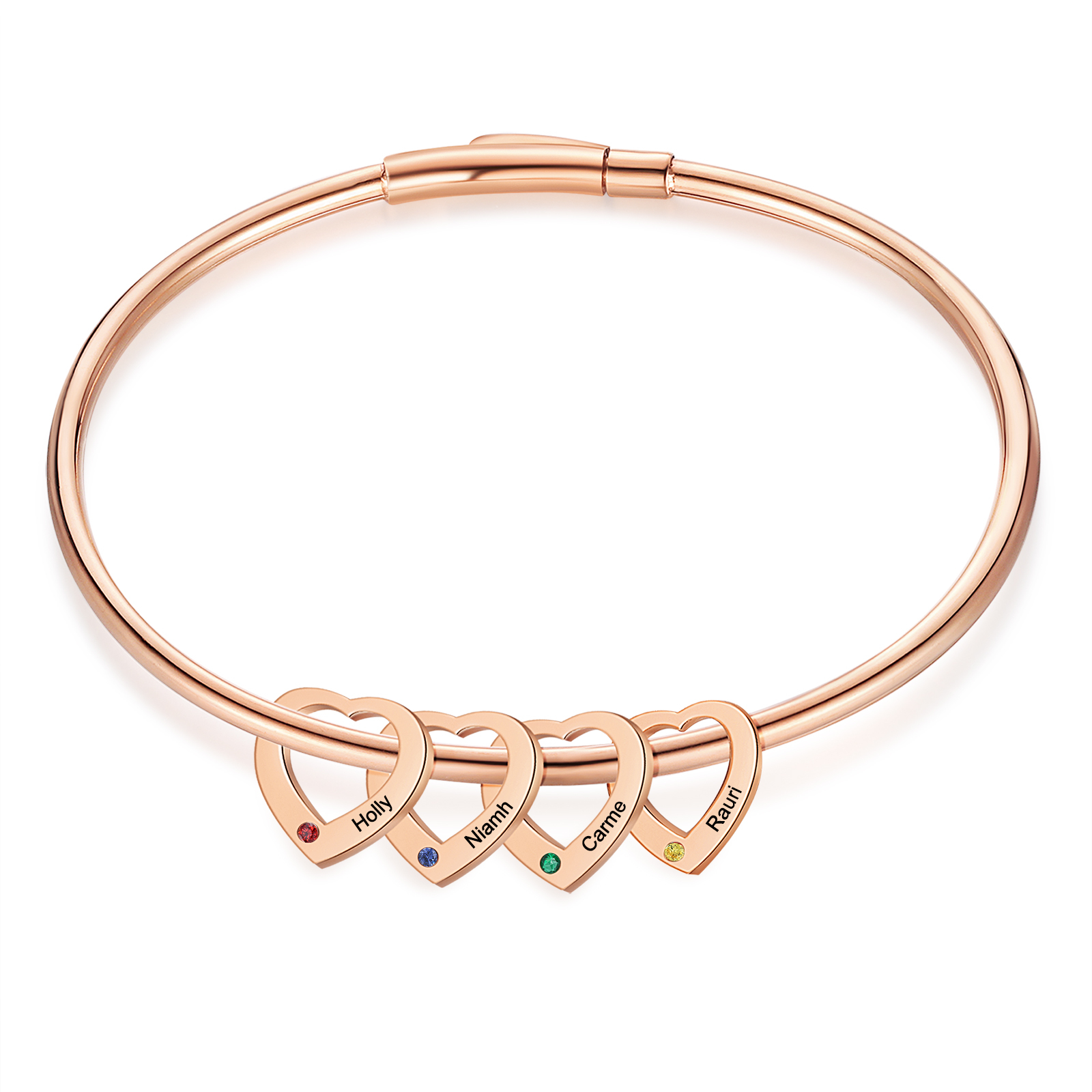 Bracelet Jonc Bracelet Coeur 2-6 Prénoms Personnalisés avec 2-6 Pierres de Naissance Cadeau pour femme | Jessemade